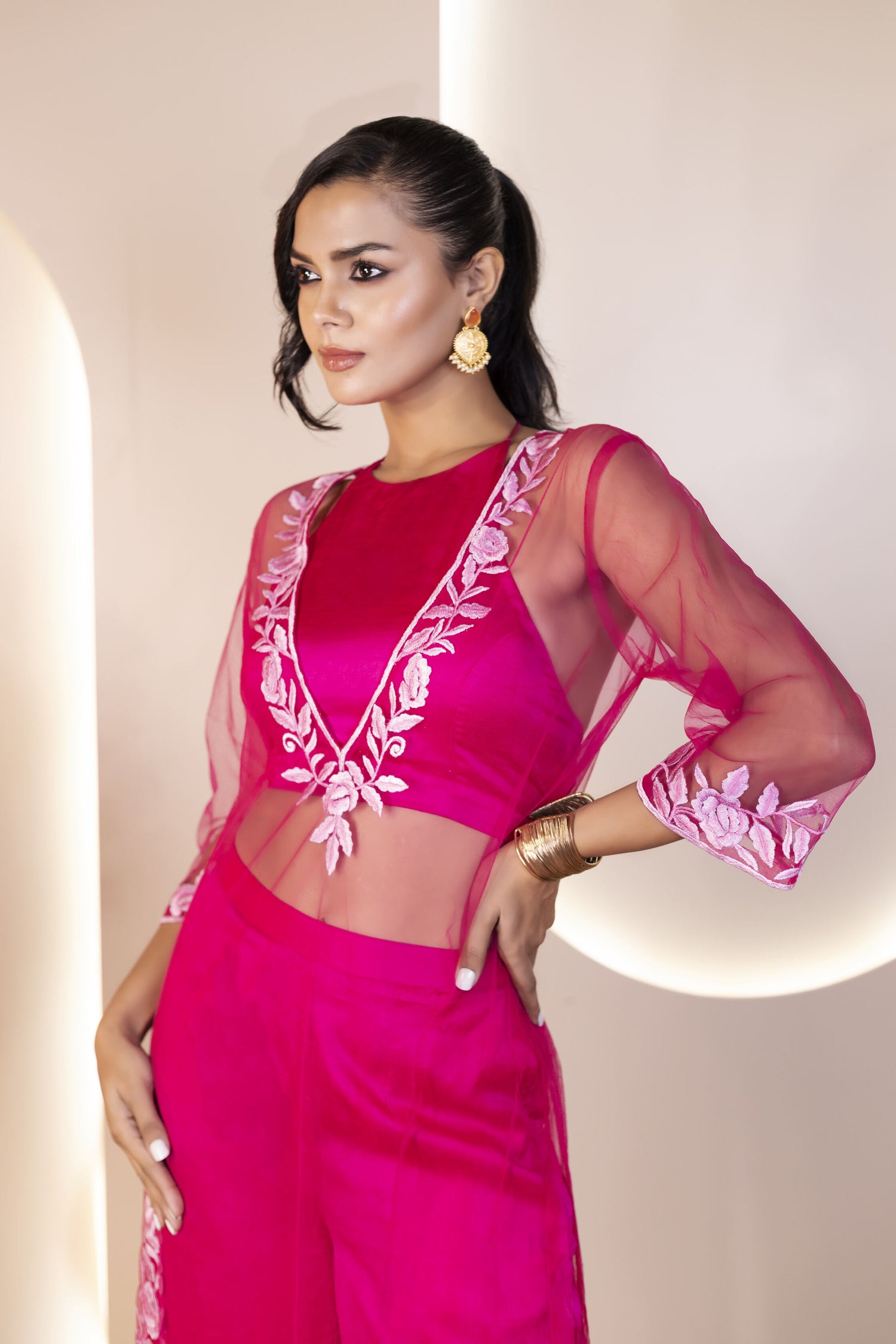 Pink Raw Silk Blouse with See-Through Net Kurta and Pant