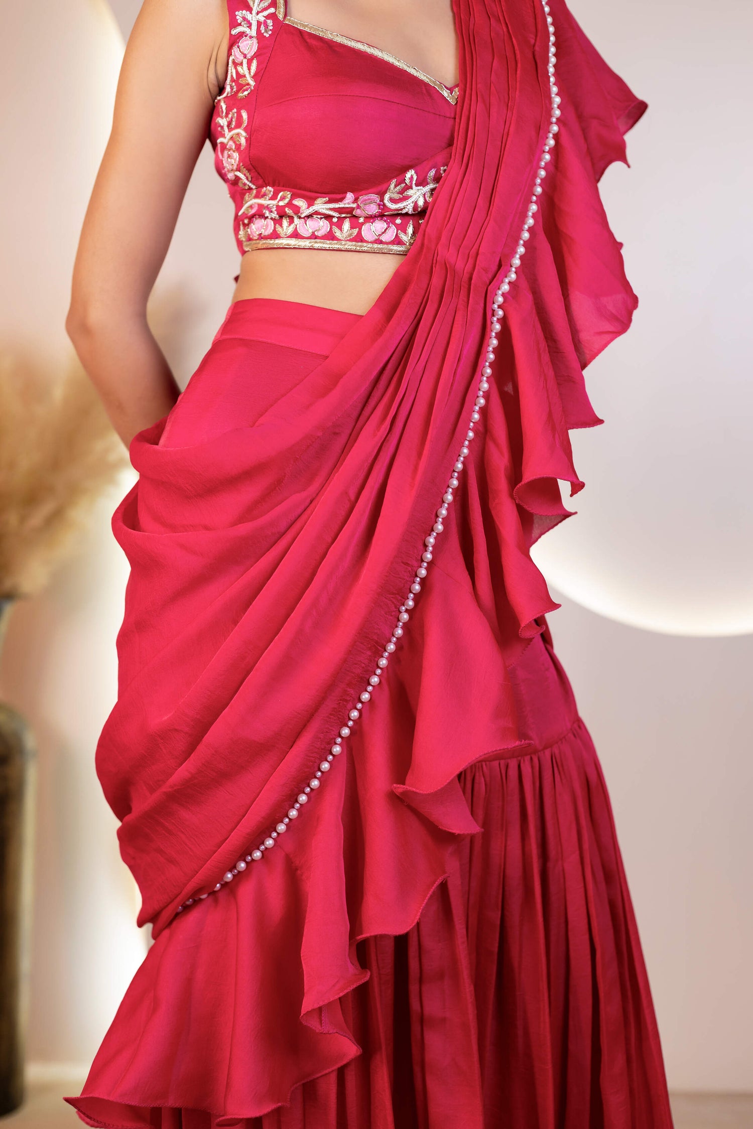 Pink and Black Hand-Embroidered Ruffle Drape Saree set