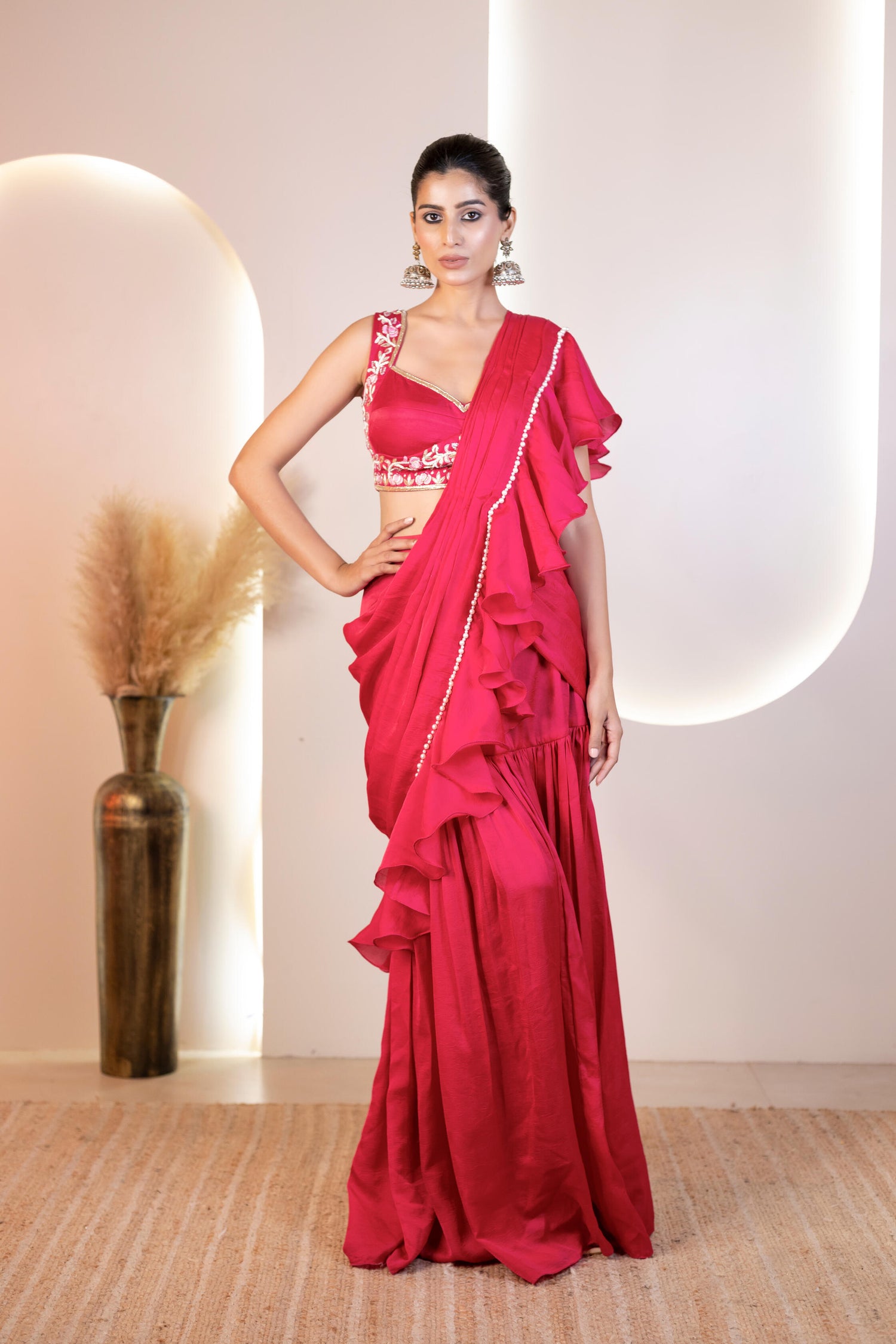 Pink and Black Hand-Embroidered Ruffle Drape Saree set