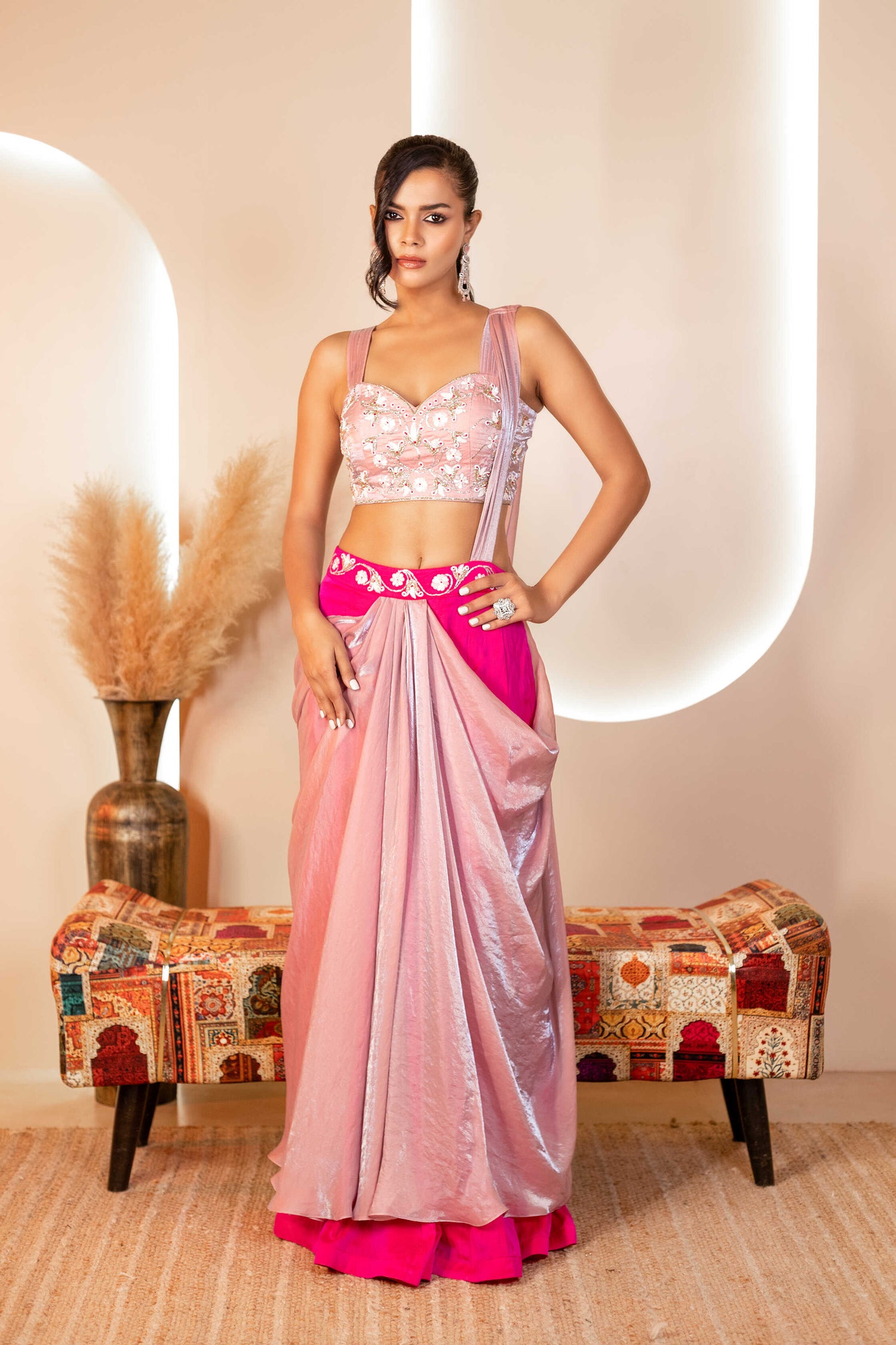 Pink and Magenta Draped saree with hand-embroided blouse and skirt.