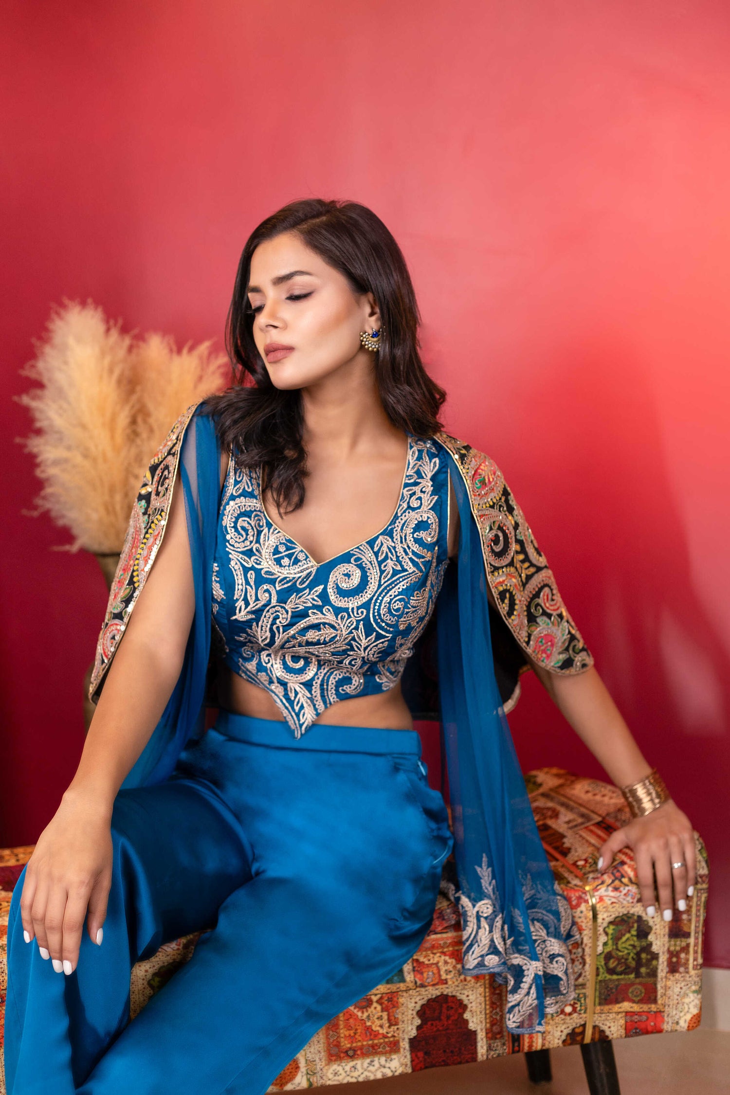 Royal Blue Hand-Embroidered Blouse, Cape, and Pant Set