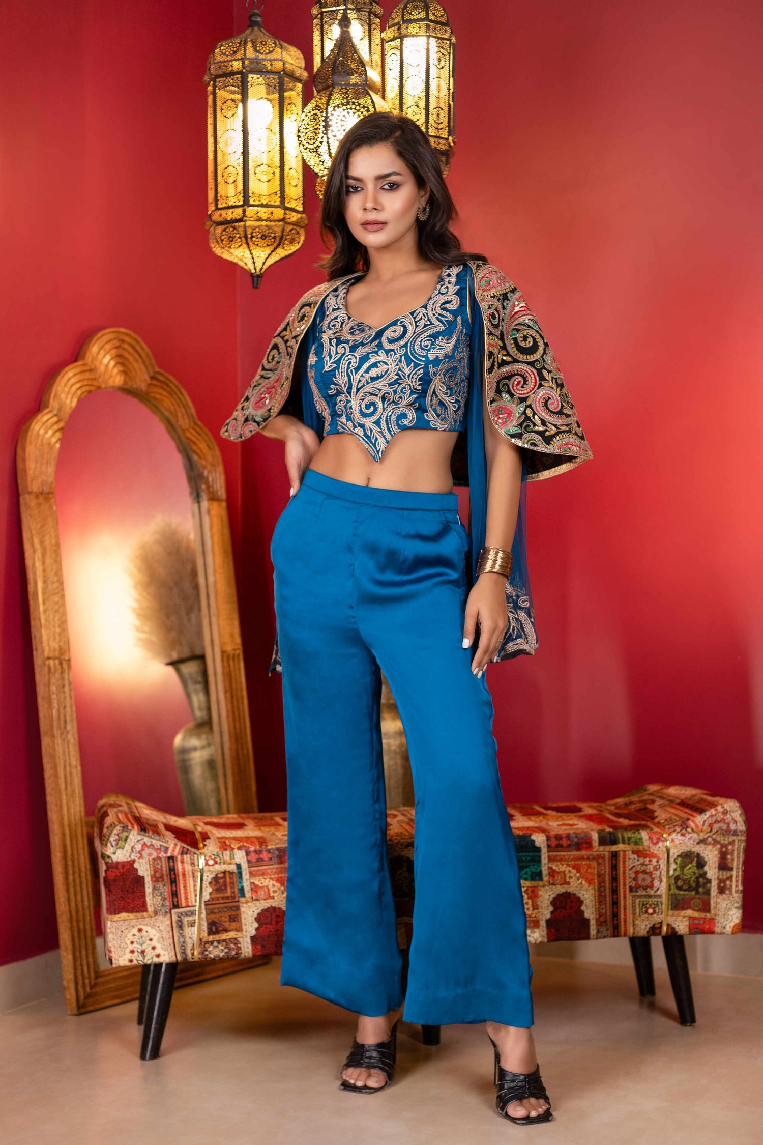 Royal Blue Hand-Embroidered Blouse, Cape, and Pant Set