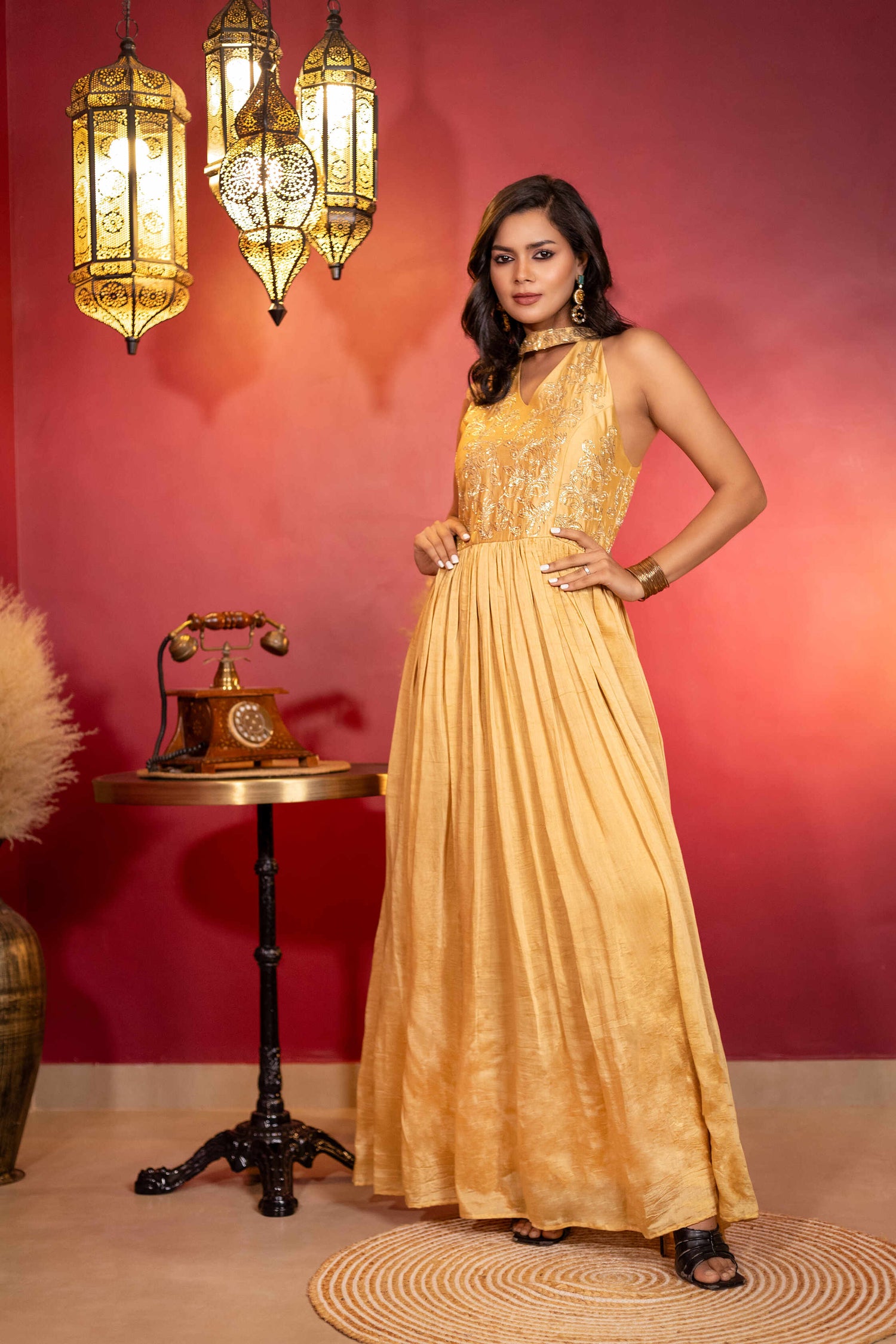Rust Gold Hand-Embroidered halter neck fit and flared dress