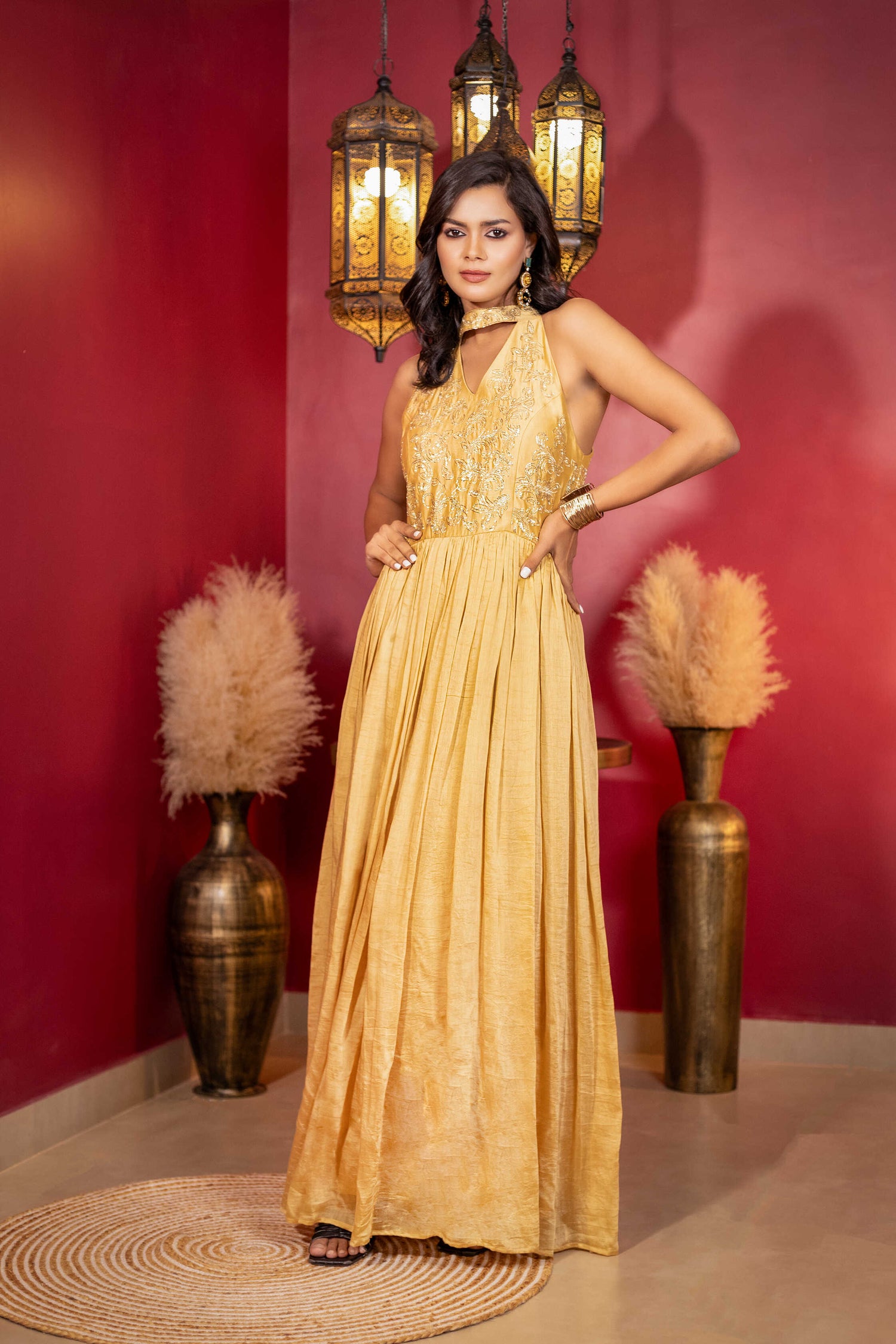 Rust Gold Hand-Embroidered halter neck fit and flared dress