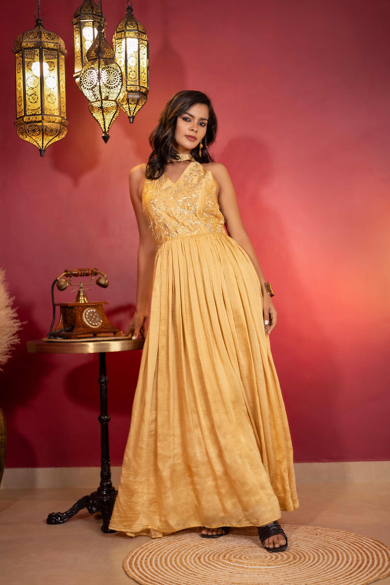 Rust Gold Hand-Embroidered halter neck fit and flared dress