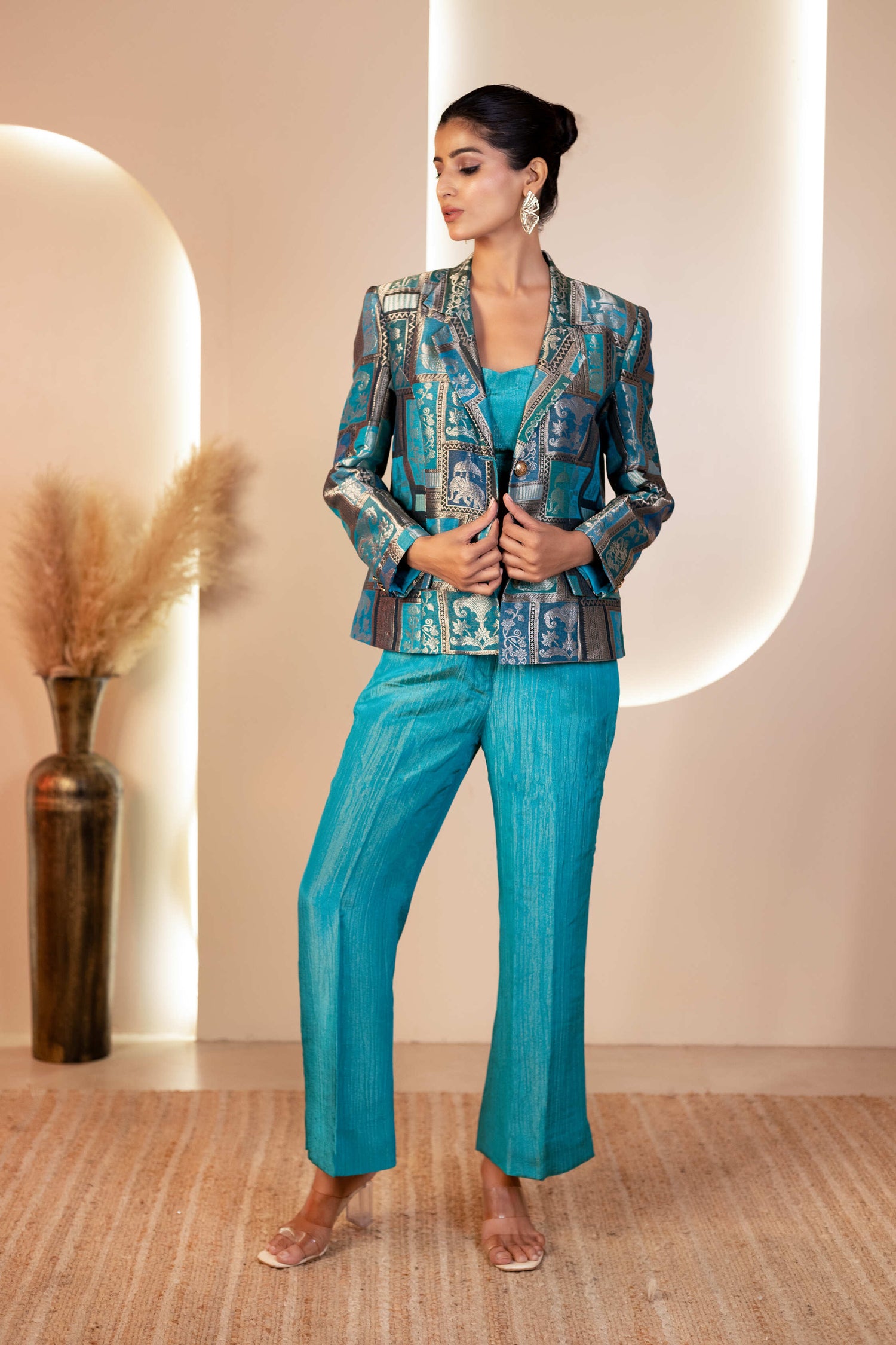 Teal Brocade Blazer, Bustier and Pants