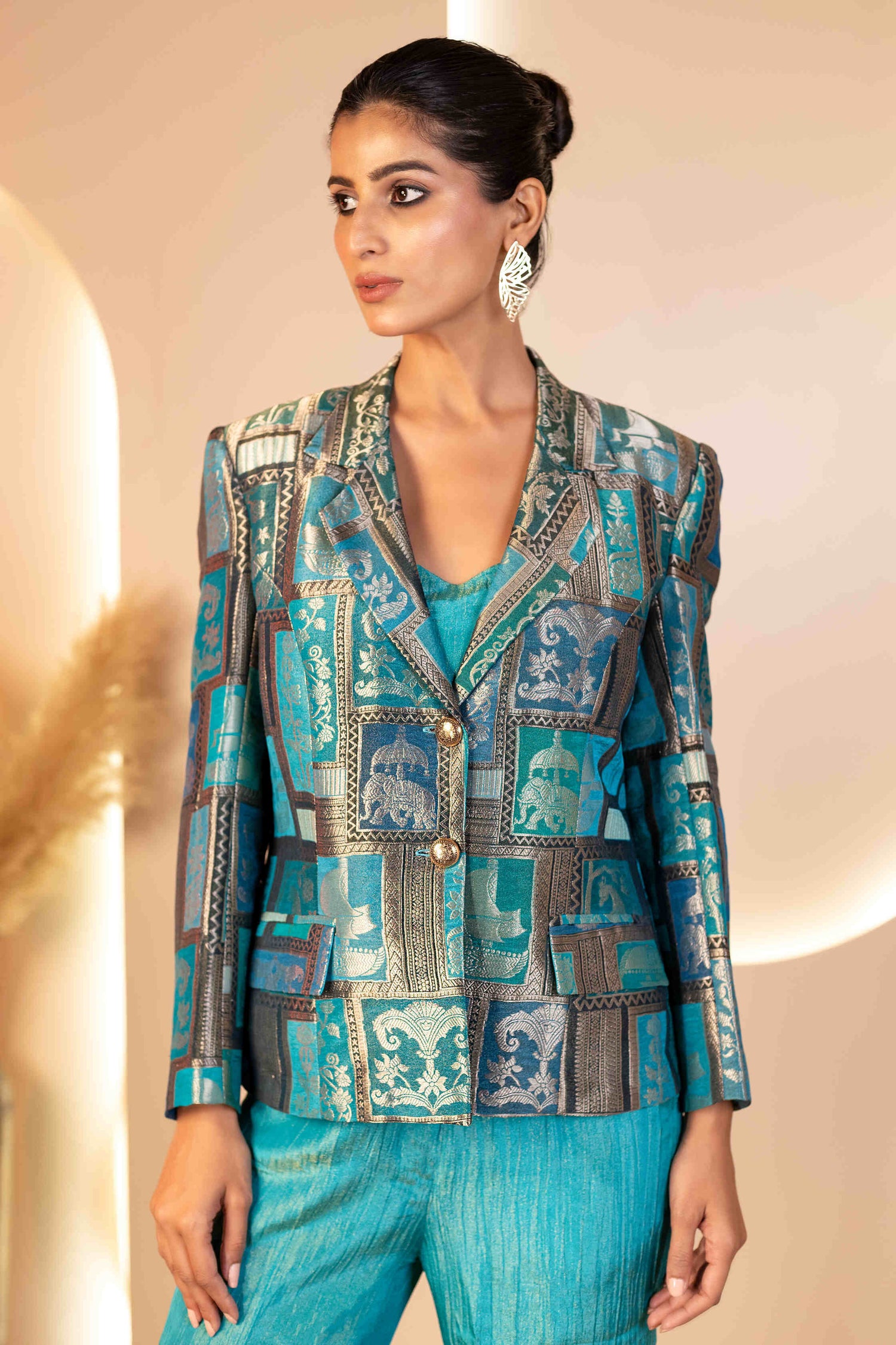 Teal Brocade Blazer, Bustier and Pants