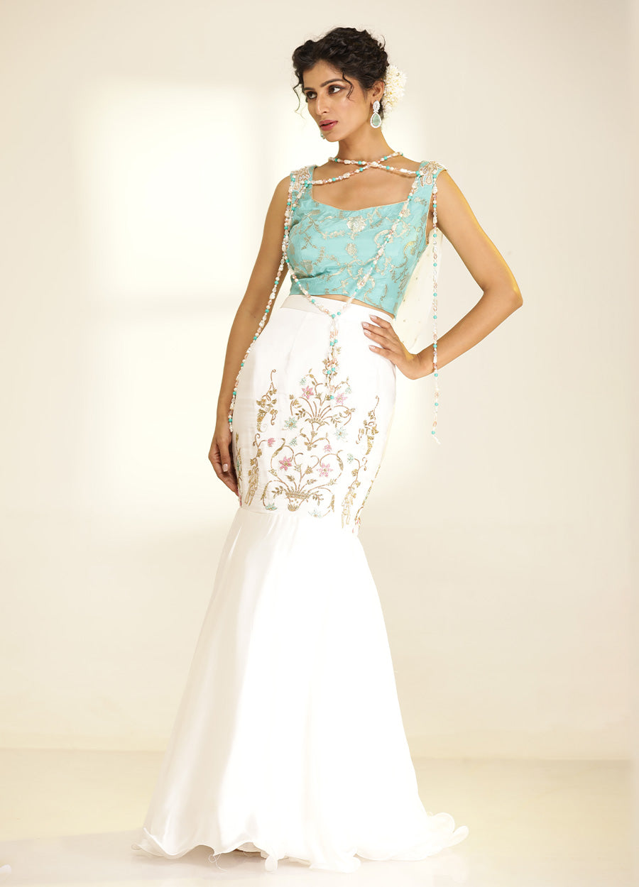 Teal and Ivory Hand-Embroidered Crepe Jacquard Lehenga Set