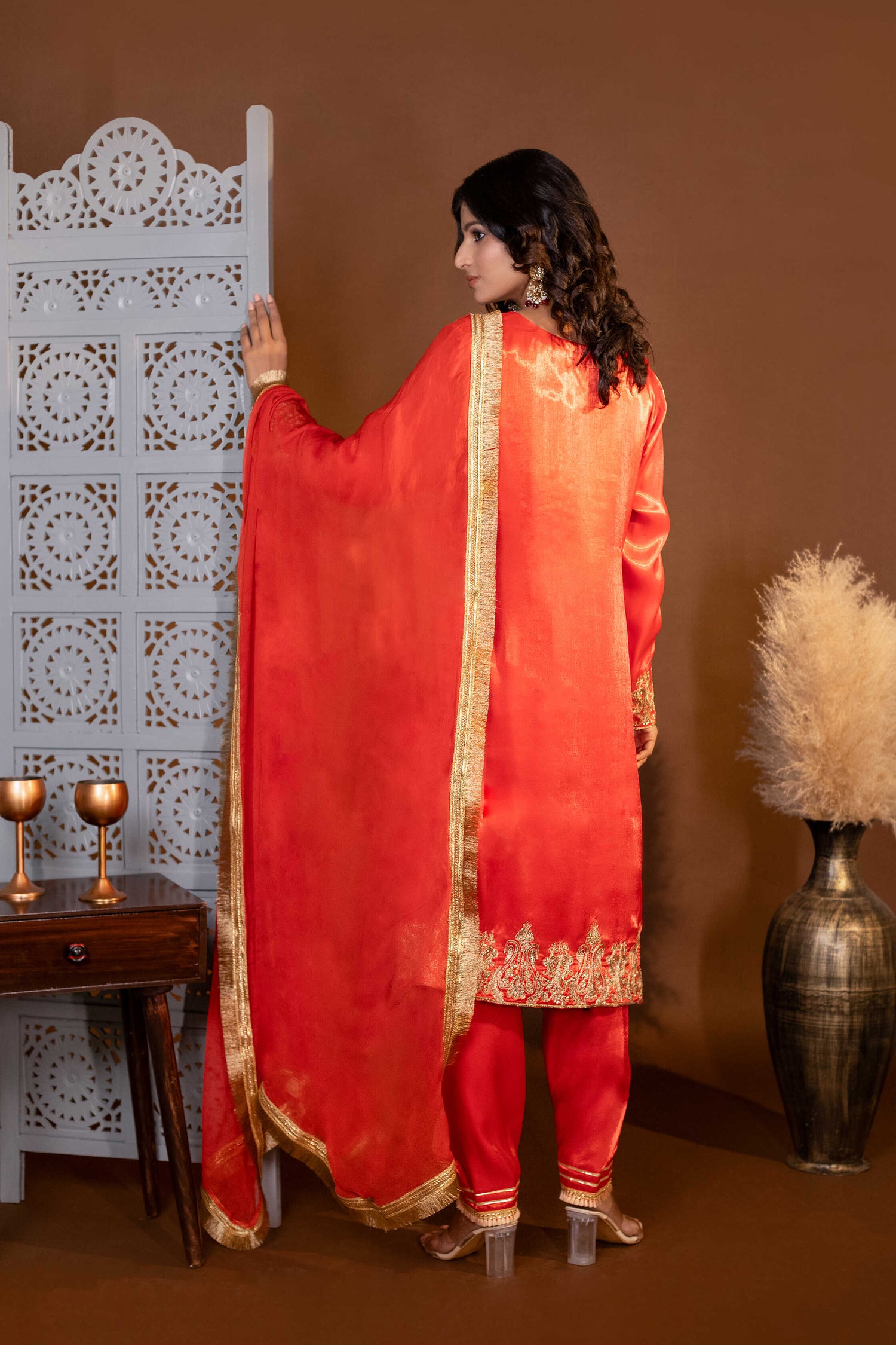 Vermillion Hand-Embroidered A-Line Kurta with Pakistani Salwar and Laced Dupatta