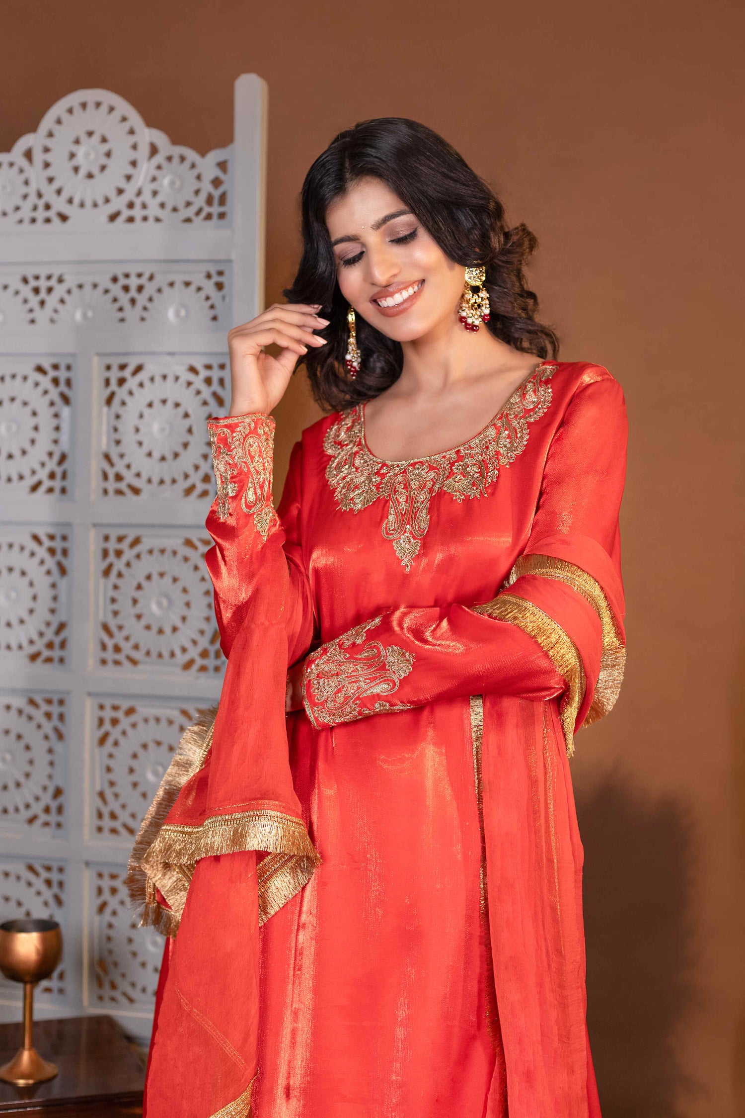 Vermillion Hand-Embroidered A-Line Kurta with Pakistani Salwar and Laced Dupatta