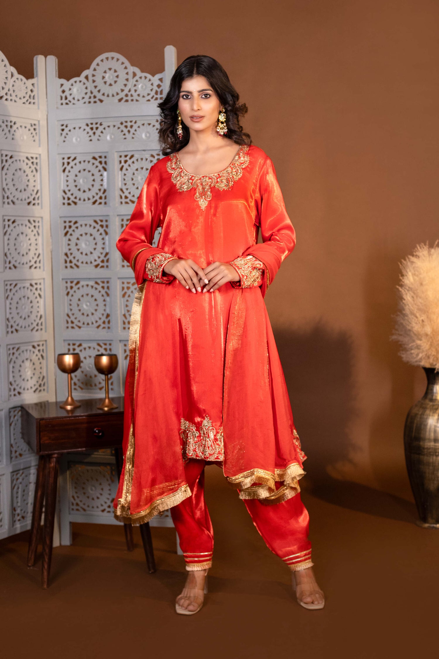 Vermillion Hand-Embroidered A-Line Kurta with Pakistani Salwar and Laced Dupatta