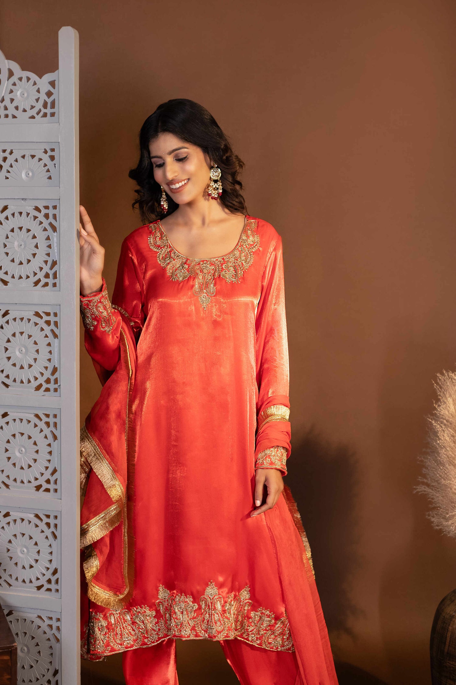 Vermillion Hand-Embroidered A-Line Kurta with Pakistani Salwar and Laced Dupatta