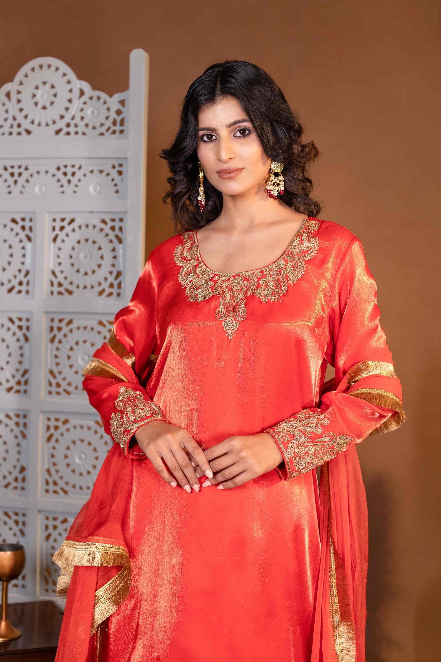 Vermillion Hand-Embroidered A-Line Kurta with Pakistani Salwar and Laced Dupatta