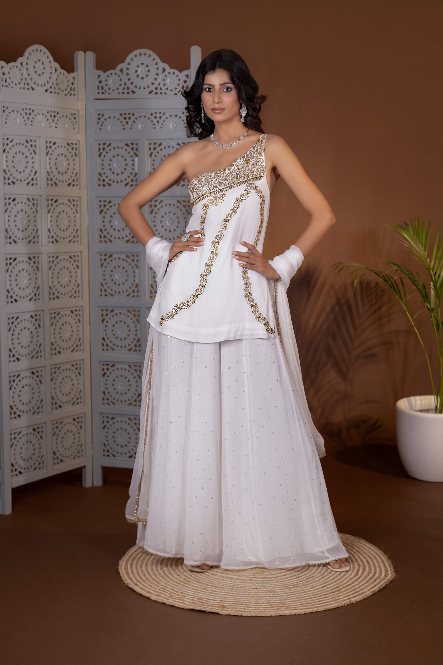 White Georgette Designer Embroidered Sharara Set