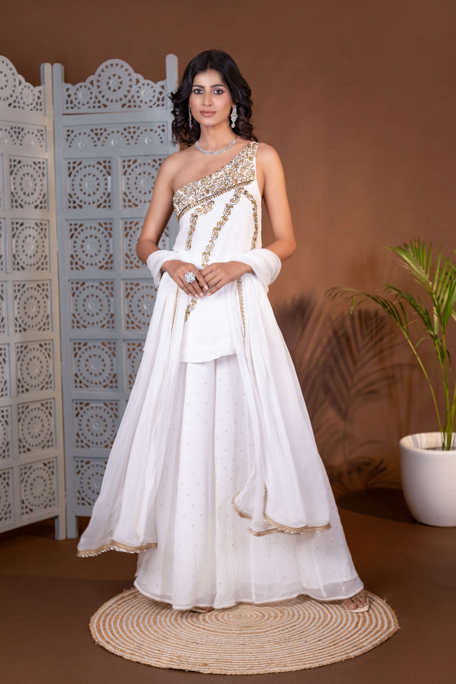 White Georgette Designer Embroidered Sharara Set