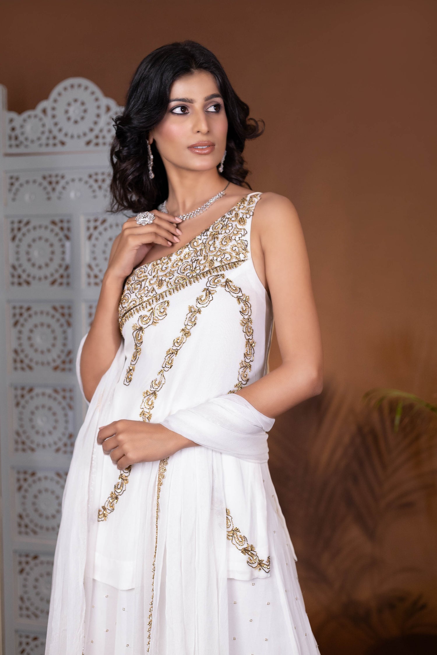White Georgette Designer Embroidered Sharara Set