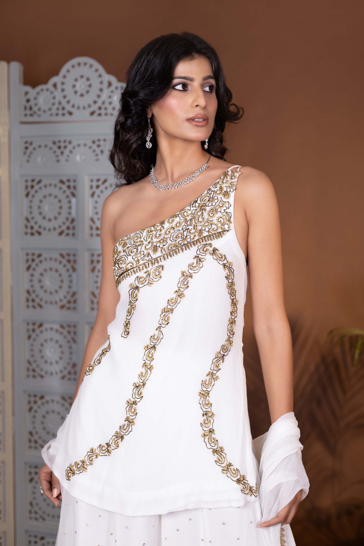 White Georgette Designer Embroidered Sharara Set