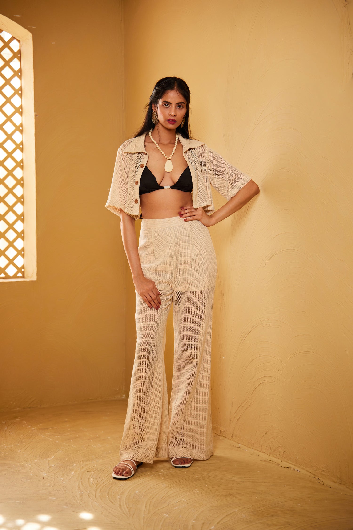 Jute Mesh Crop Shirt with Pant and Blouse
