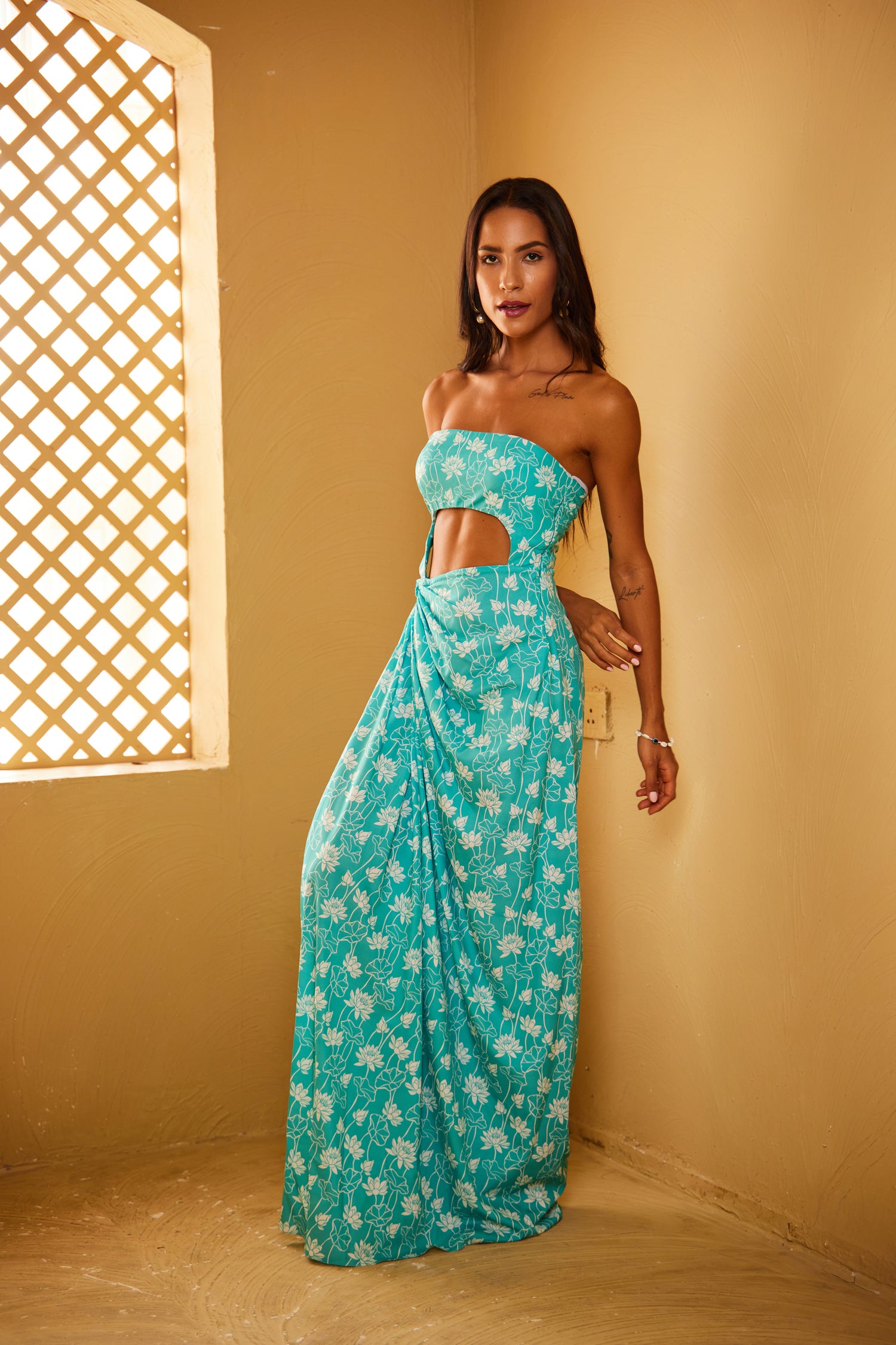 Turquoise Green Lotus printed Drape Dress