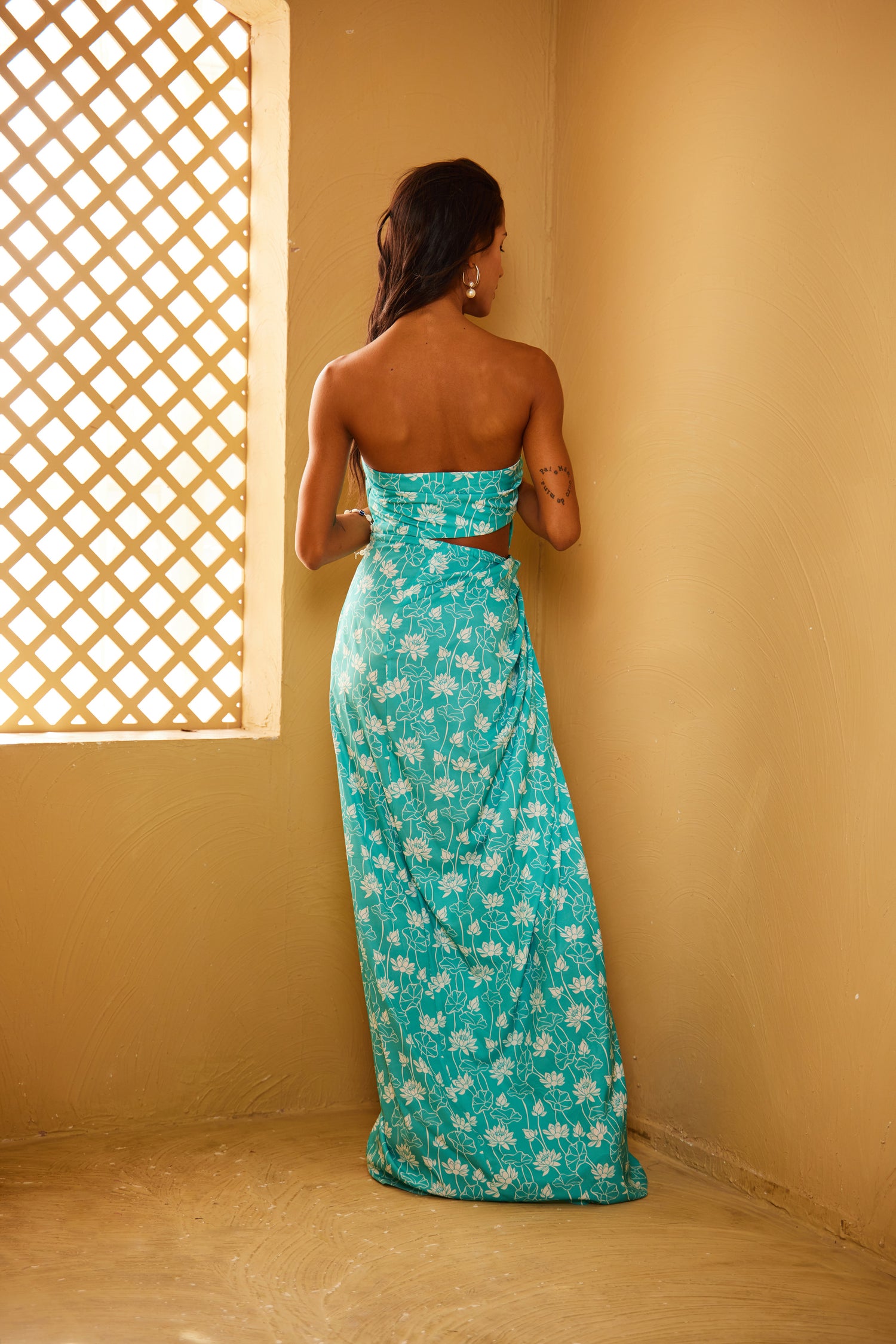 Turquoise Green Lotus printed Drape Dress