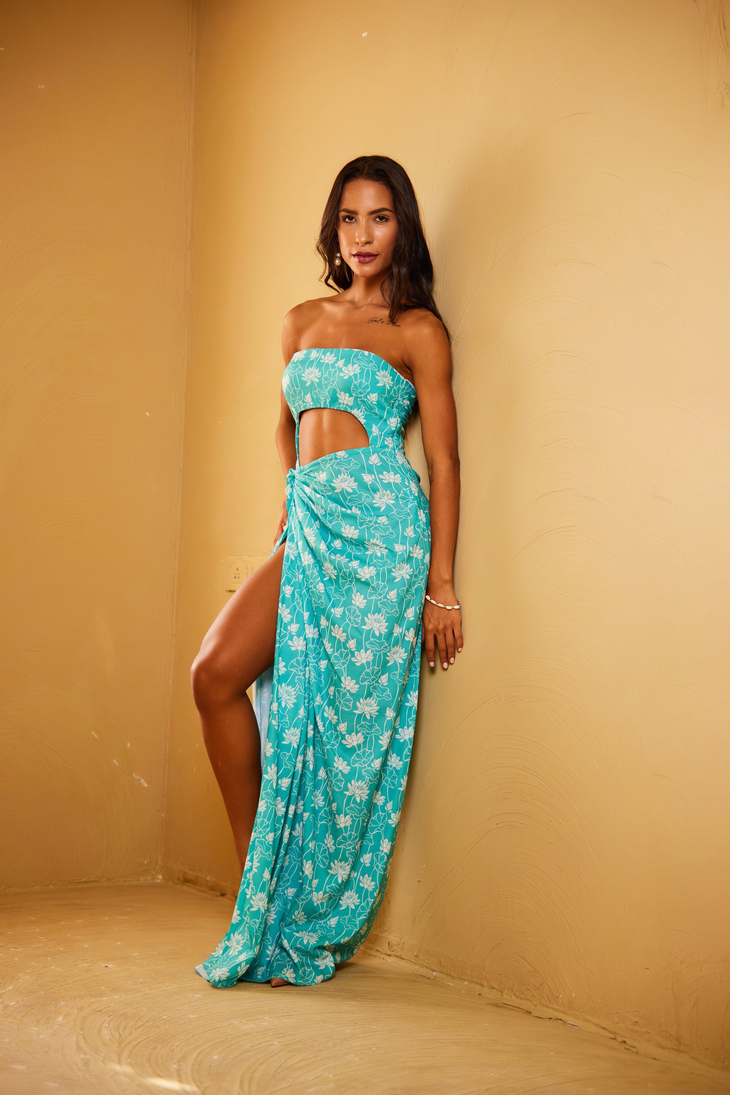 Turquoise Green Lotus printed Drape Dress