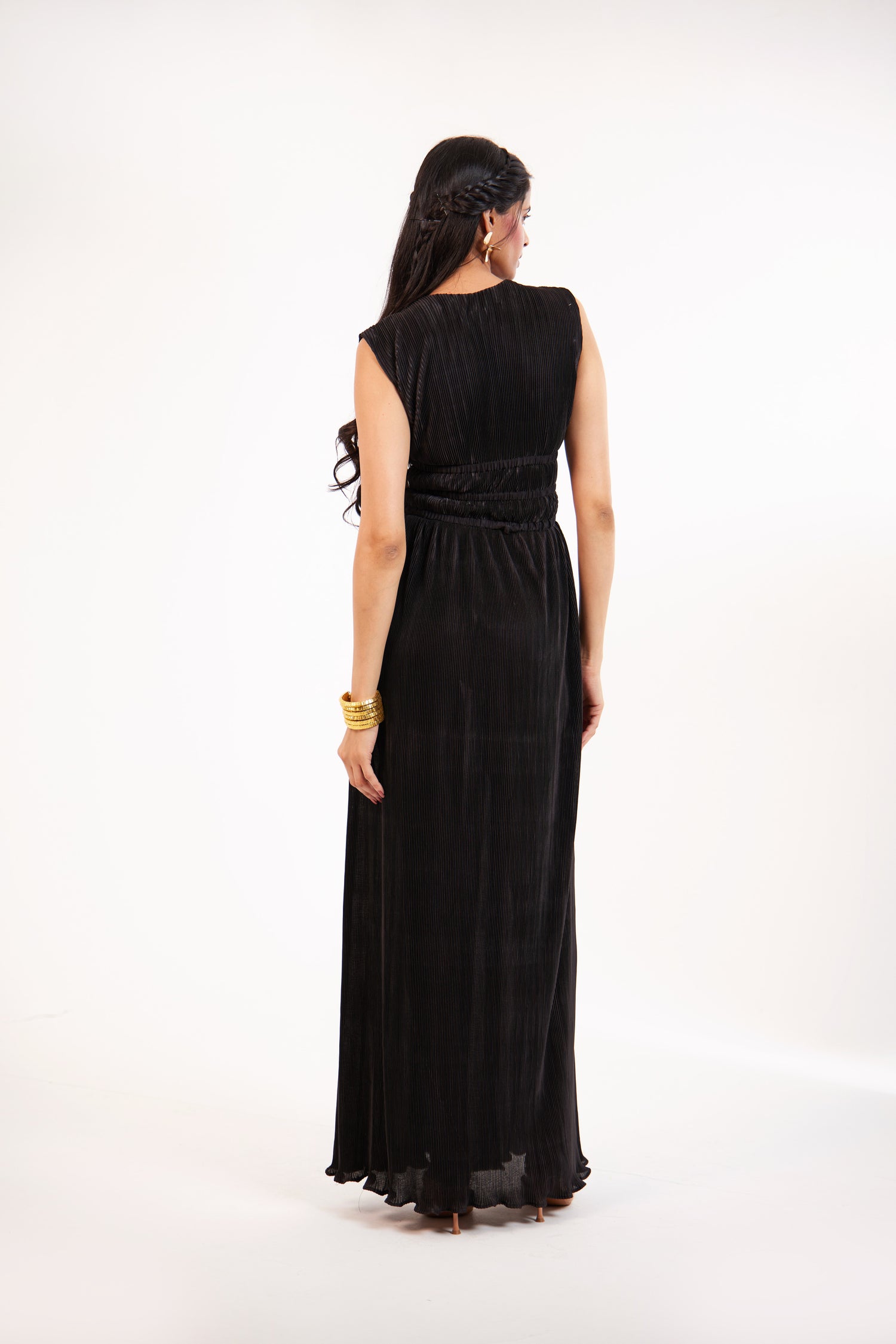 Black-V Neck Ruched Maxi Dress