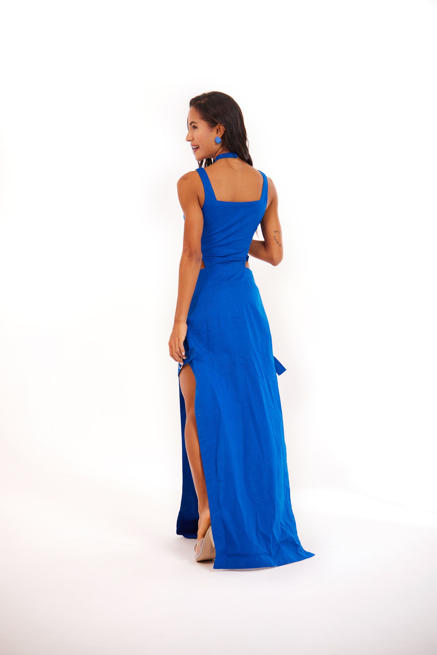 Blue Cutout Halter Bodycon Dress