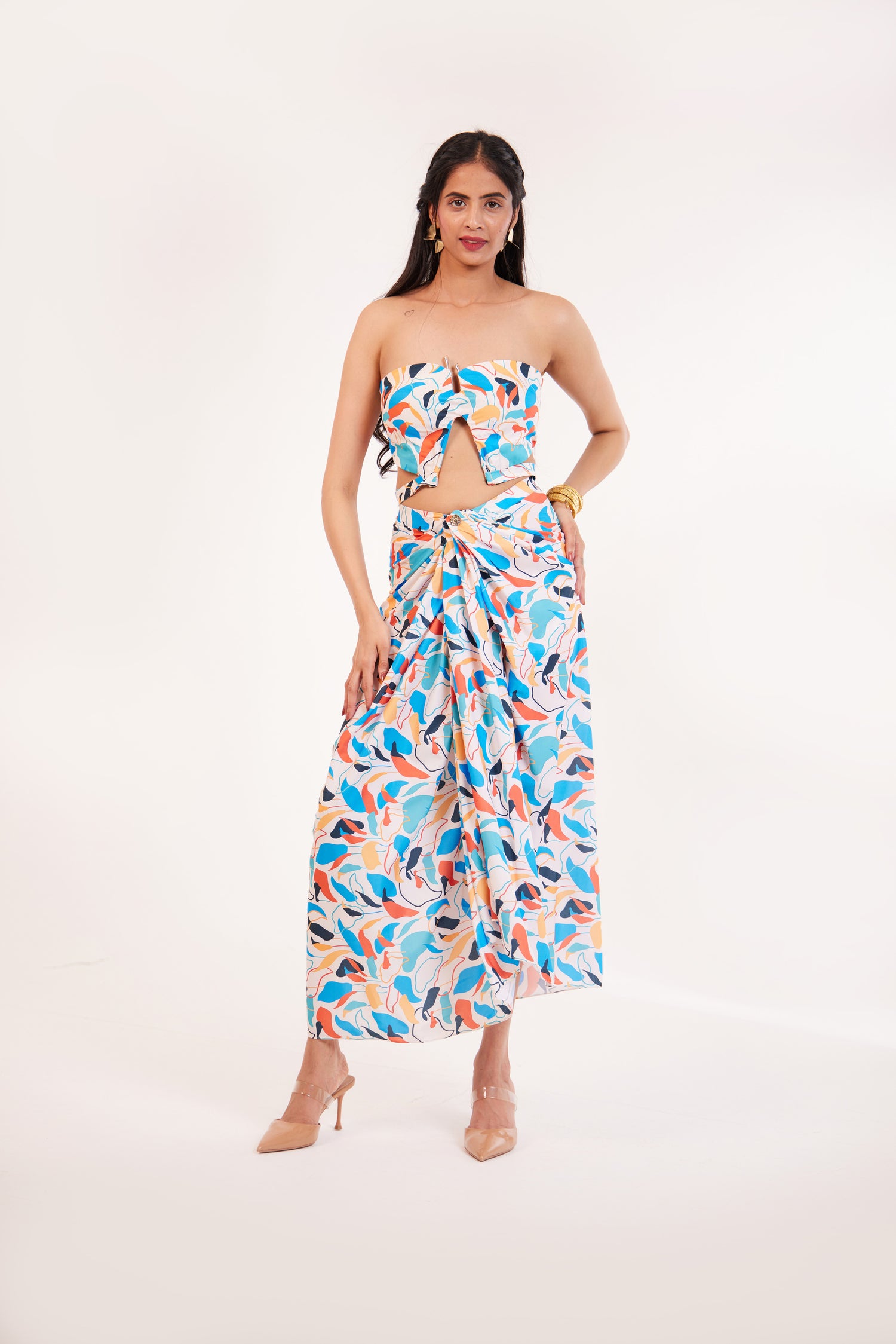 Multicolor Abstract Vibe Crepe Top And Drape Skirt