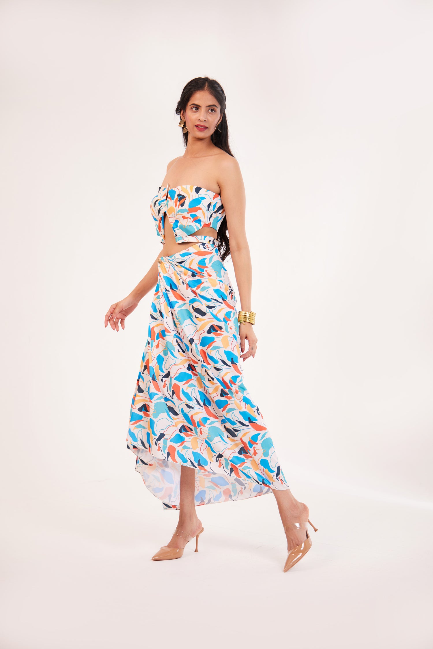 Multicolor Abstract Vibe Crepe Top And Drape Skirt