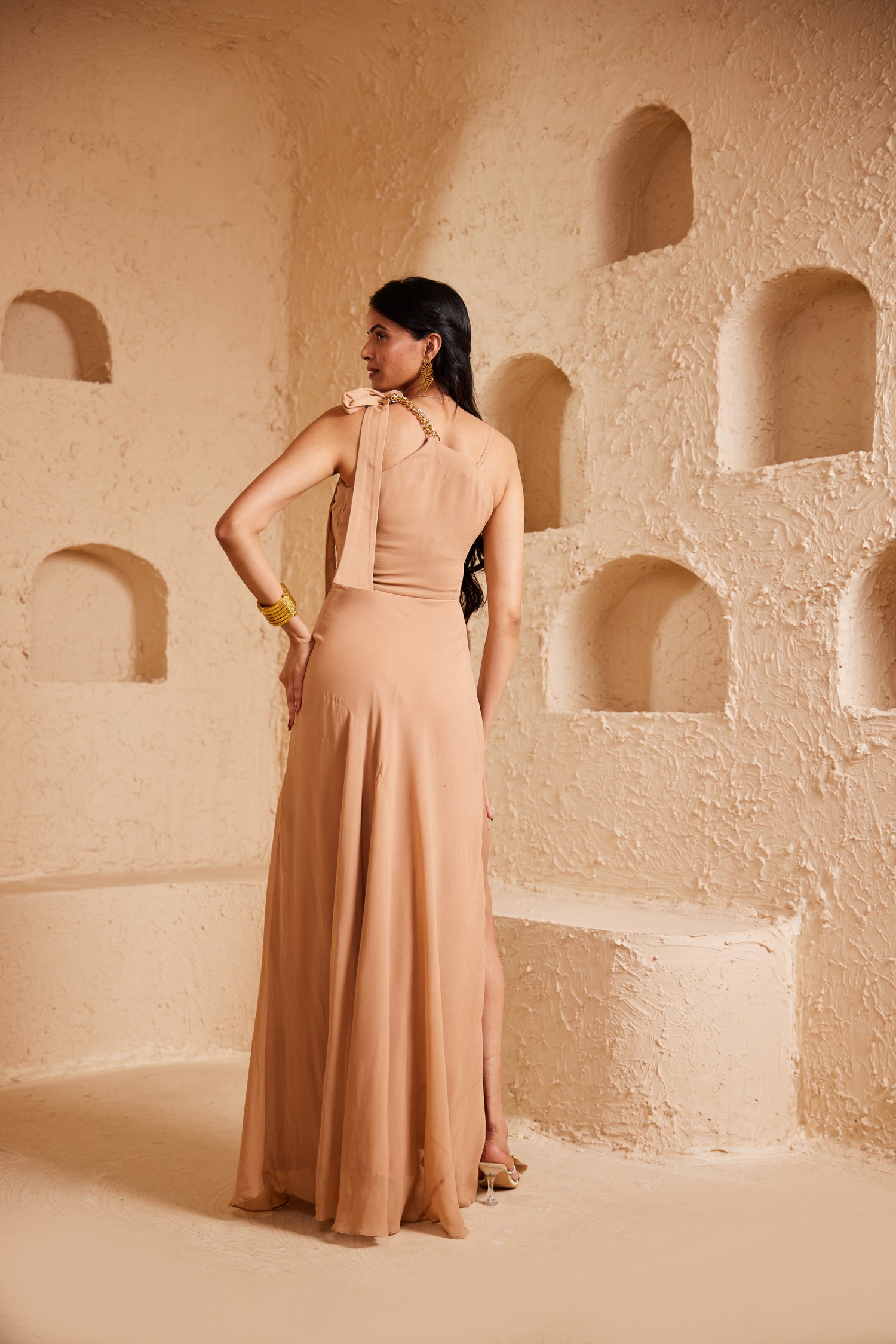 Mocha Mousse A- Symetrical Maxi Dress