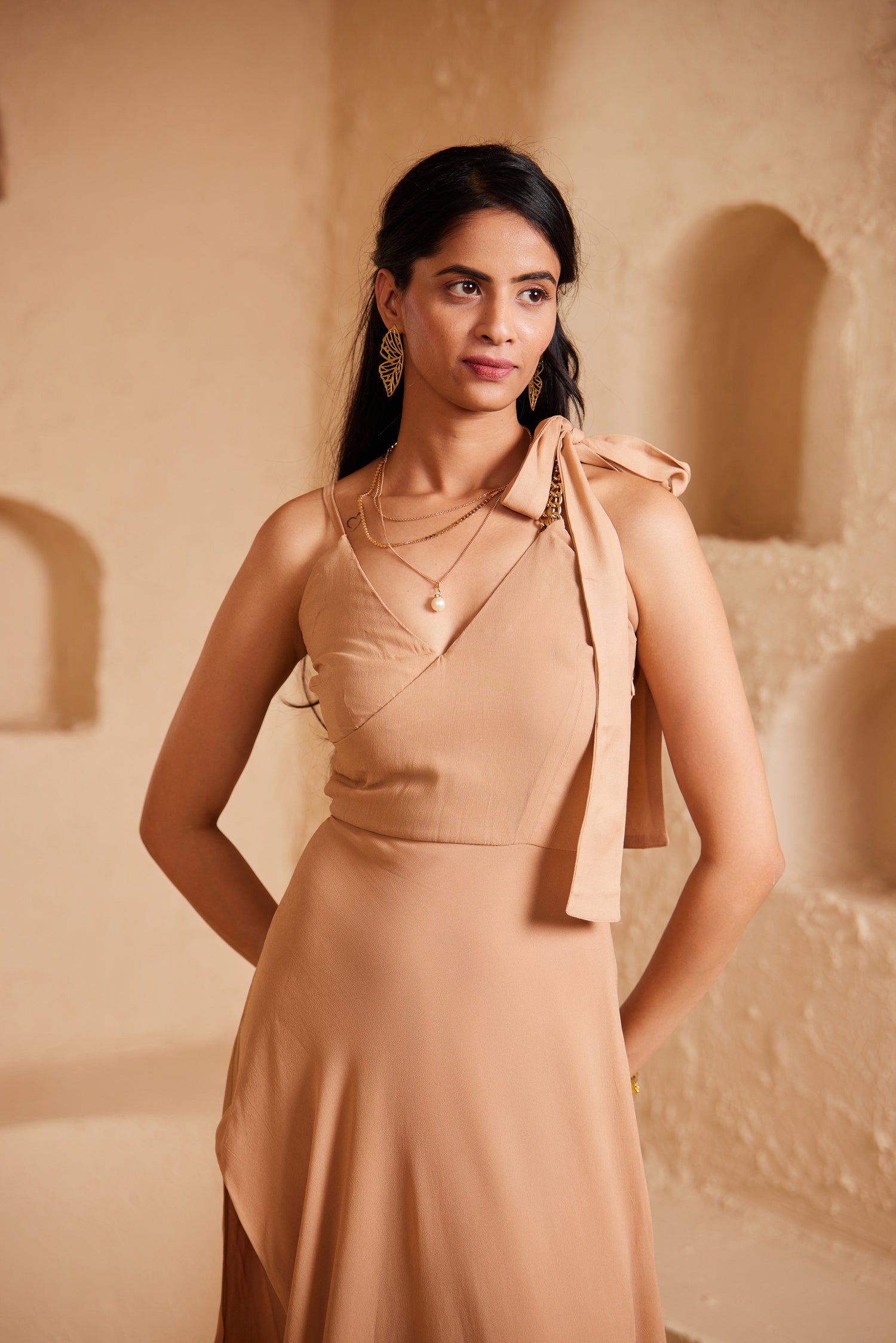 Mocha Mousse A- Symetrical Maxi Dress