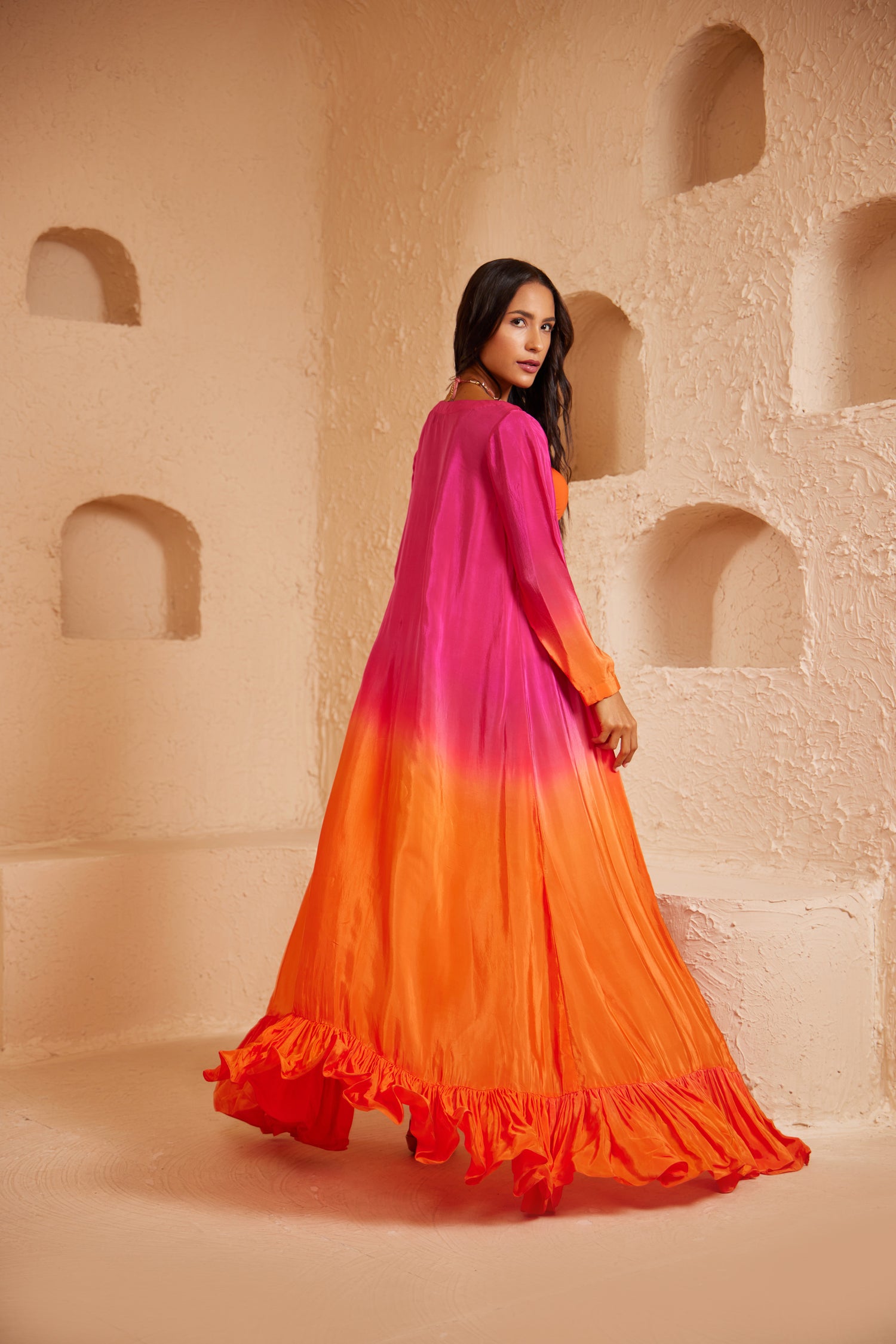 Orange Cutout Monokini with Long sheer Shrug