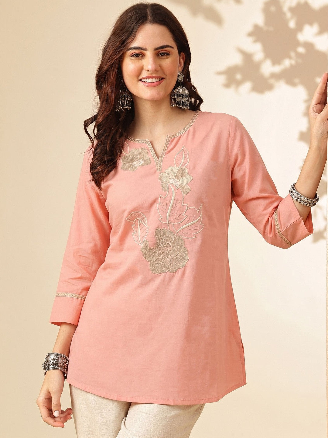 Floral Embroidered V-Neck Kurti