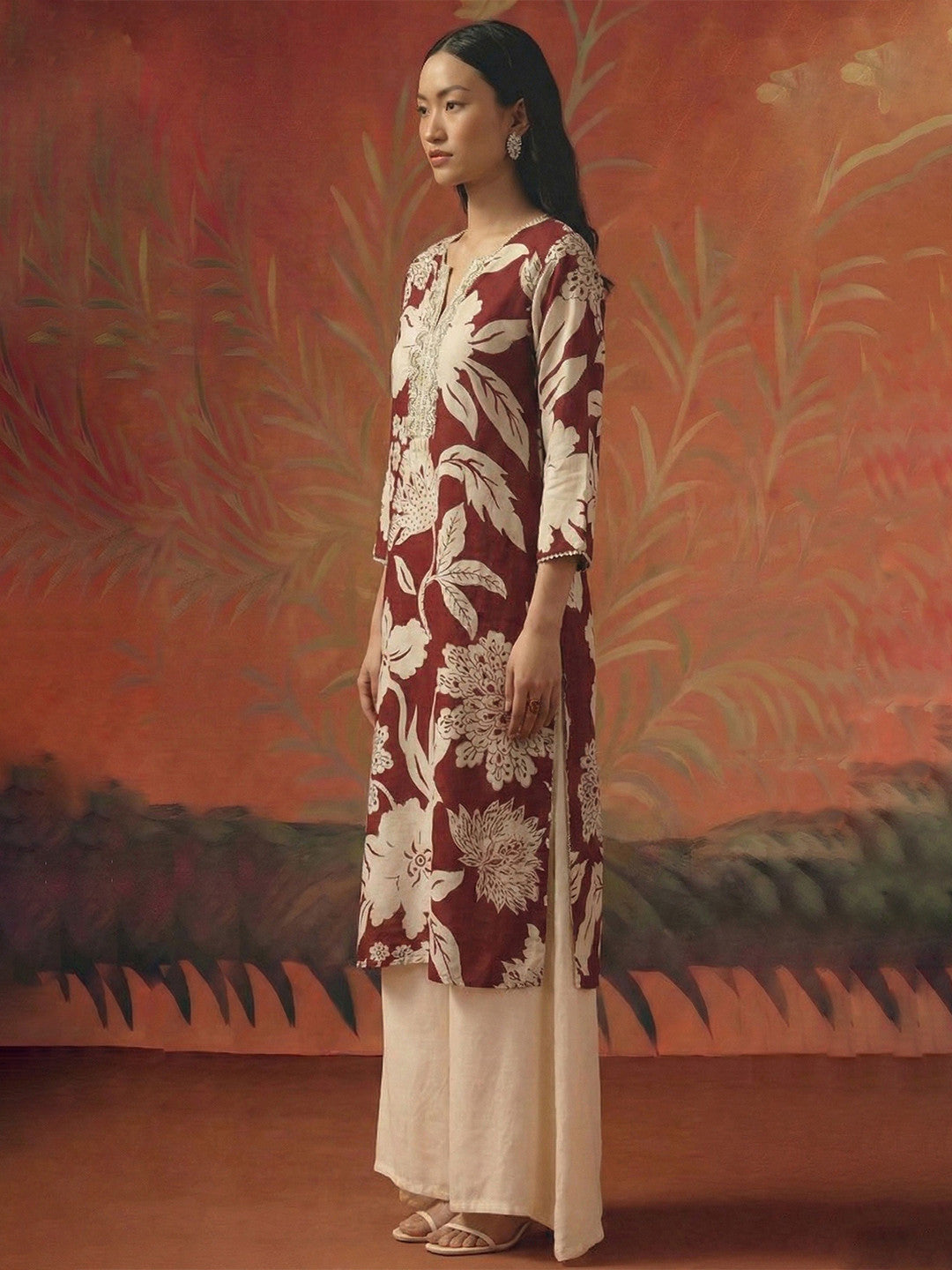 Floral Printed V-Neck Pure Cotton Kurti