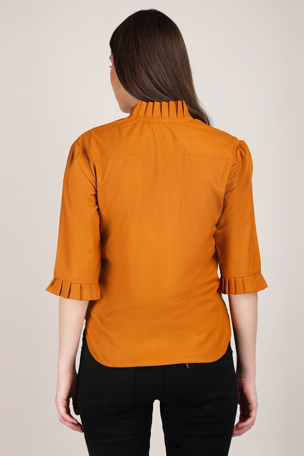 Rust Ruffle Sleeve V-Neck Button Down Top for Women