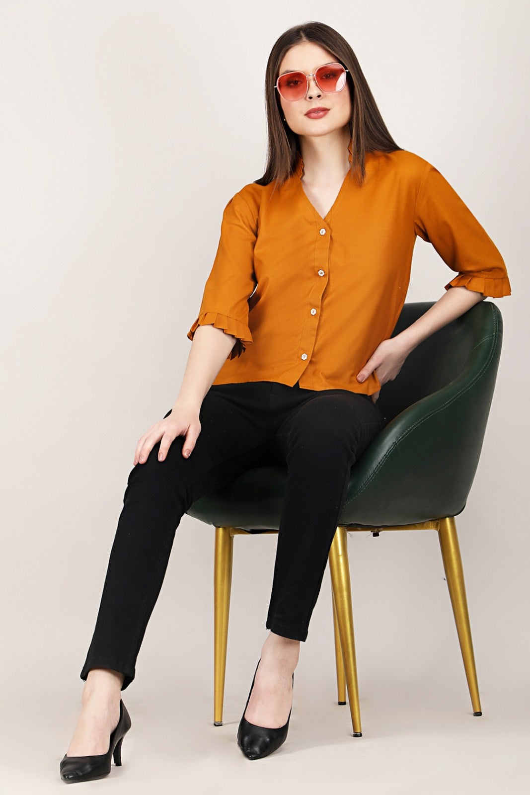 Rust Ruffle Sleeve V-Neck Button Down Top for Women