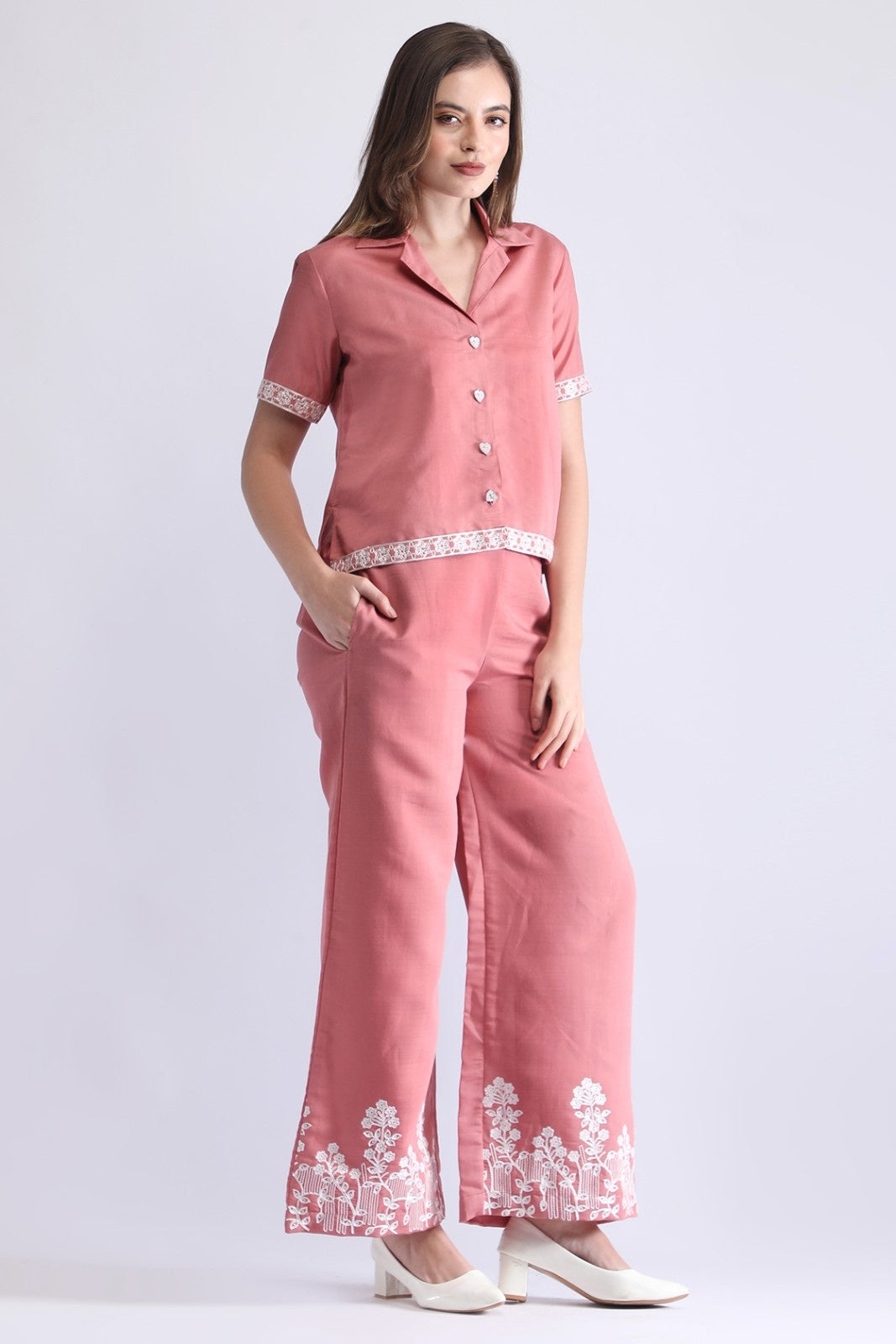 Women’s Embroidered Short Shirt & Wide-Leg Pant Co-ord Set