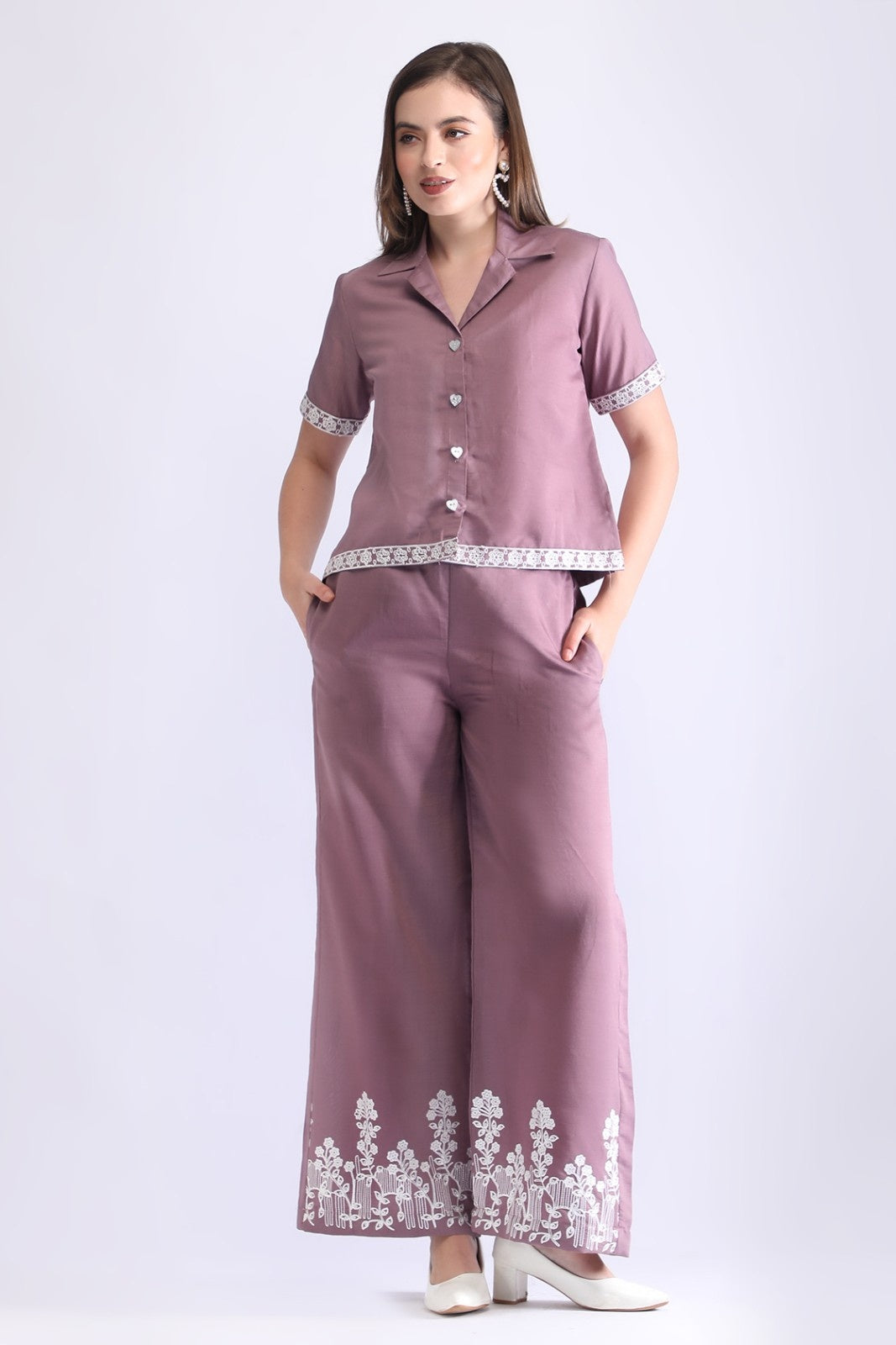 Women’s Embroidered Short Shirt & Wide-Leg Pant Co-ord Set