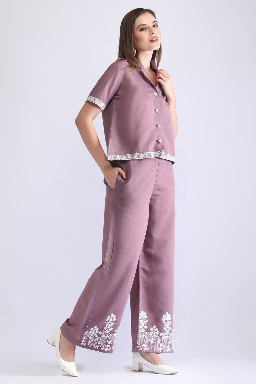 Women’s Embroidered Short Shirt & Wide-Leg Pant Co-ord Set