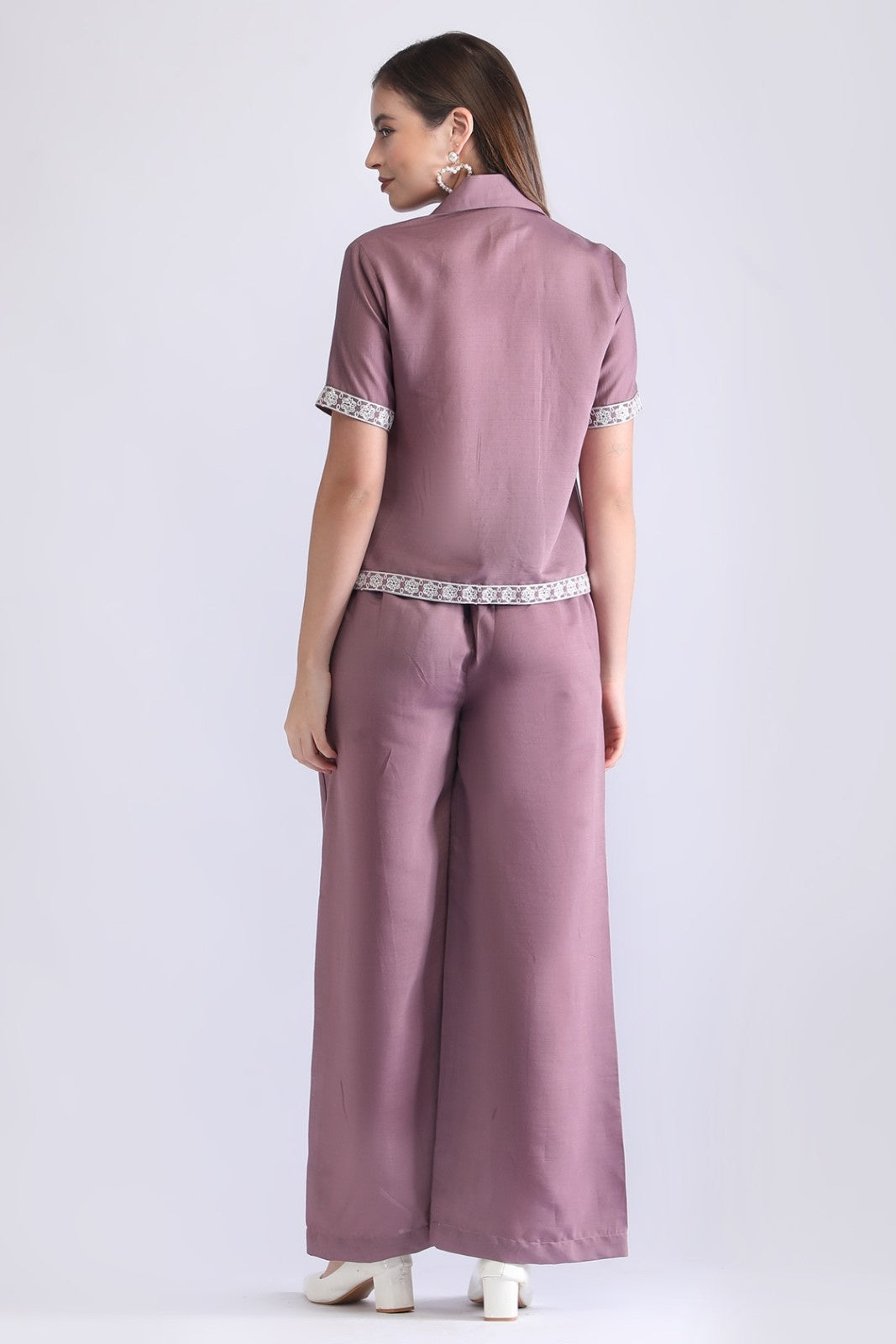 Women’s Embroidered Short Shirt & Wide-Leg Pant Co-ord Set