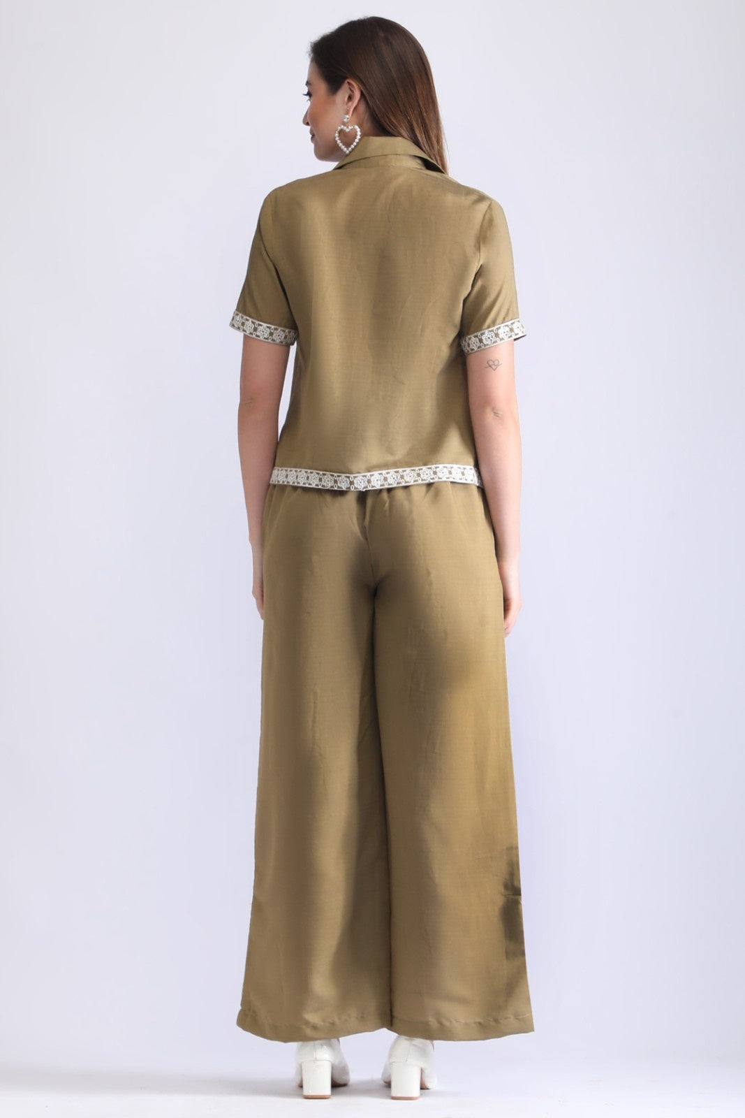 Women’s Embroidered Short Shirt & Wide-Leg Pant Co-ord Set
