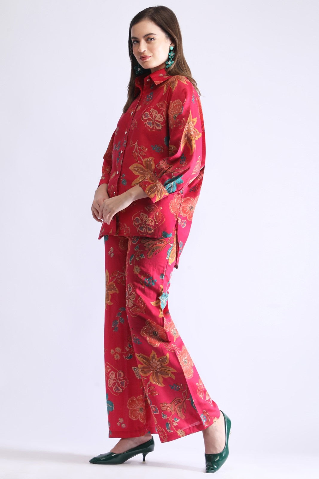 Women’s Floral Shirt Co-ord Set – Casual Top & Wide-Leg Pants