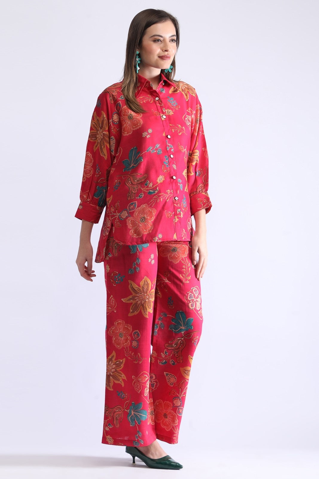 Women’s Floral Shirt Co-ord Set – Casual Top & Wide-Leg Pants