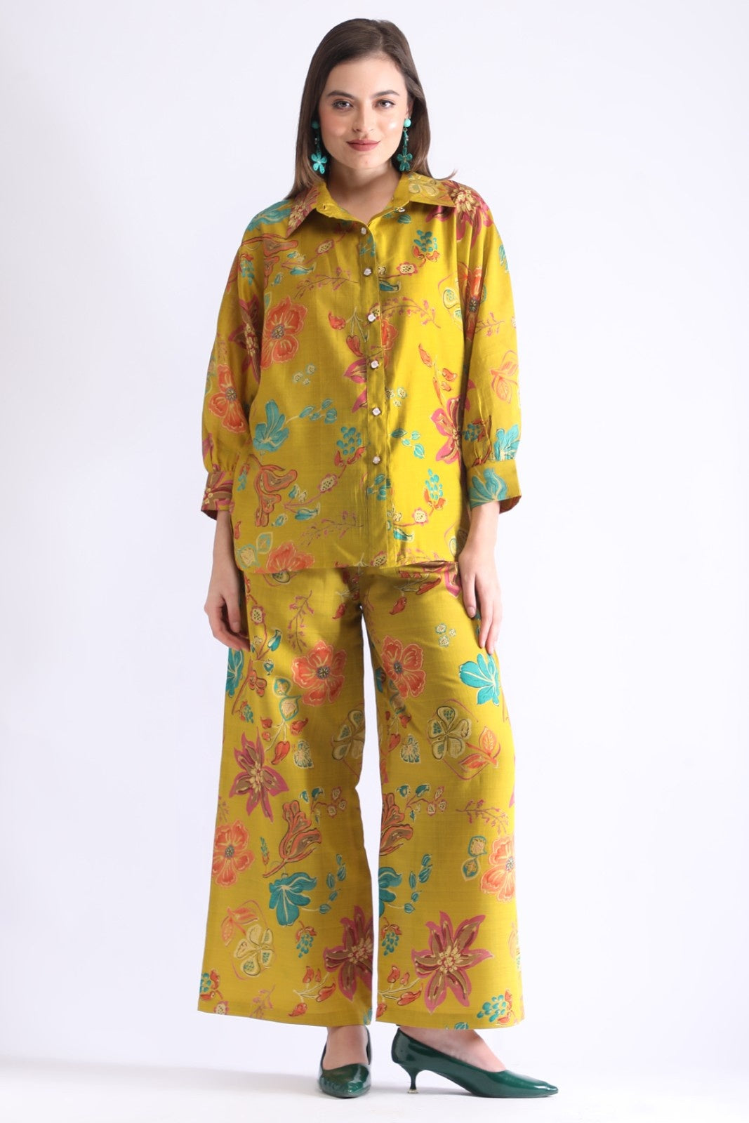 Women’s Floral Shirt Co-ord Set – Casual Top & Wide-Leg Pants