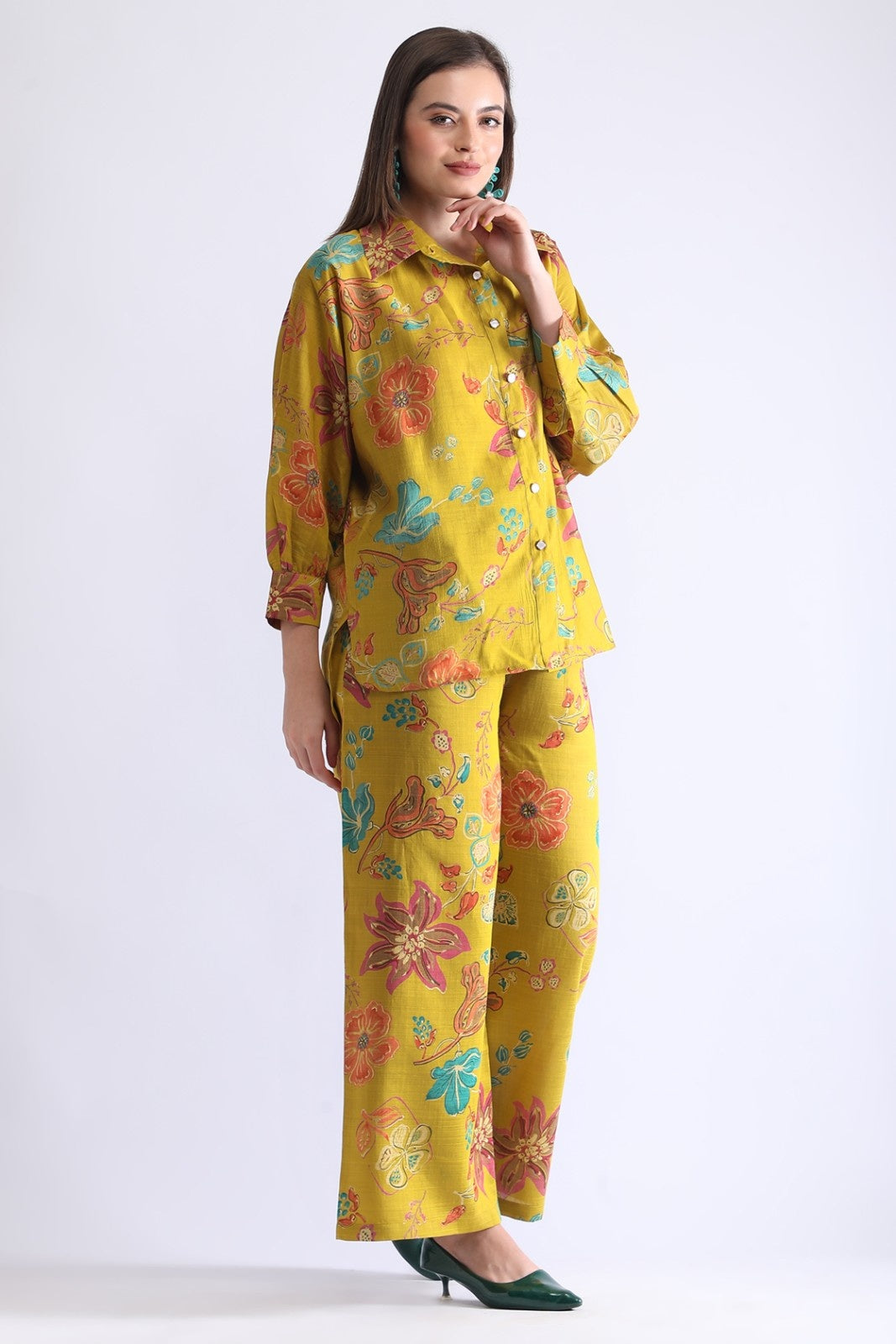 Women’s Floral Shirt Co-ord Set – Casual Top & Wide-Leg Pants
