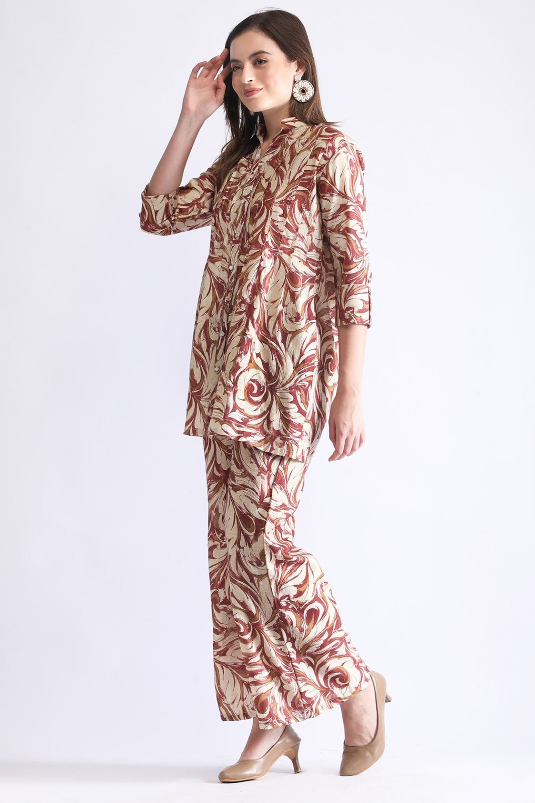 Printed Long Shirt with Wide-Leg Pants for Women