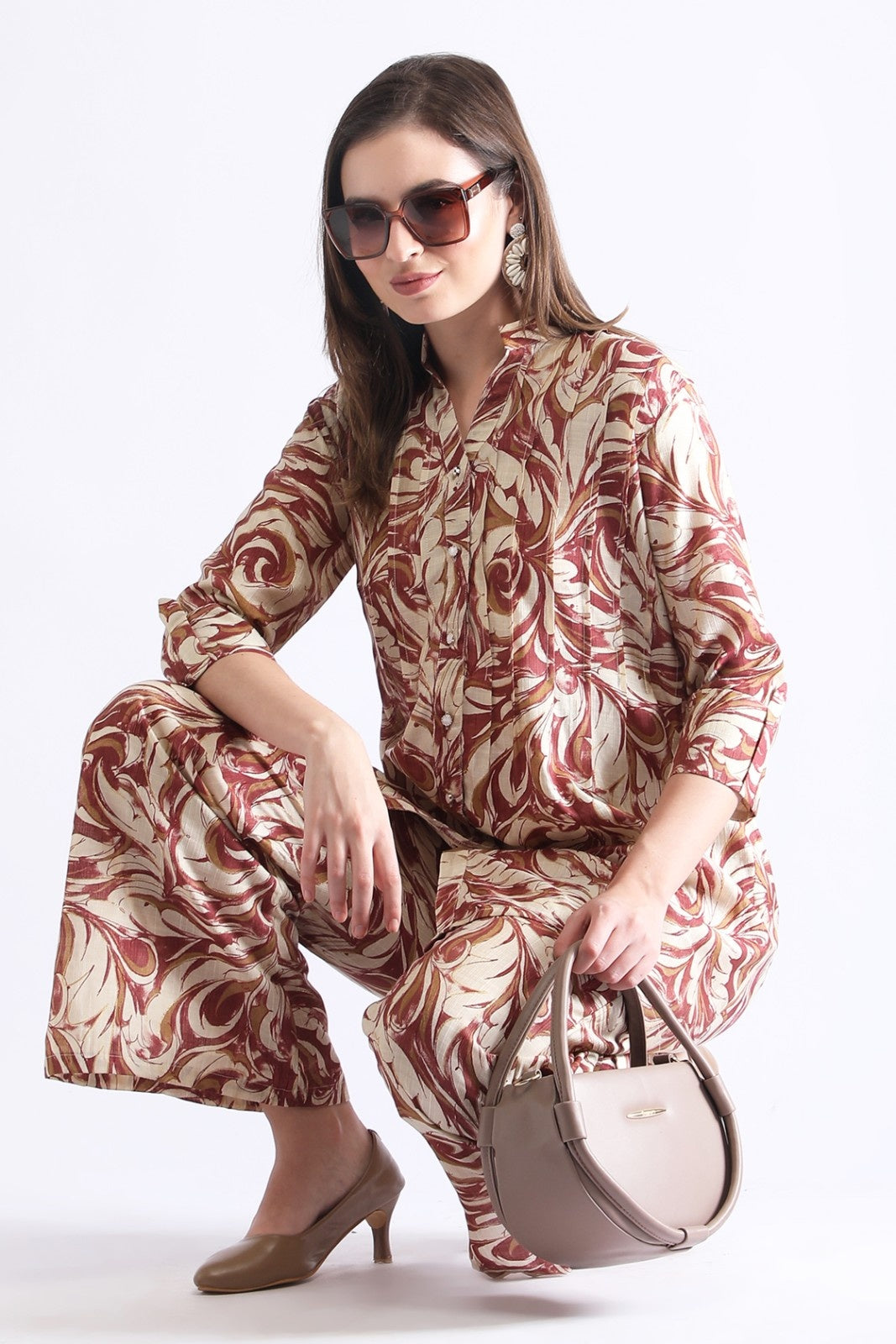 Printed Long Shirt with Wide-Leg Pants for Women