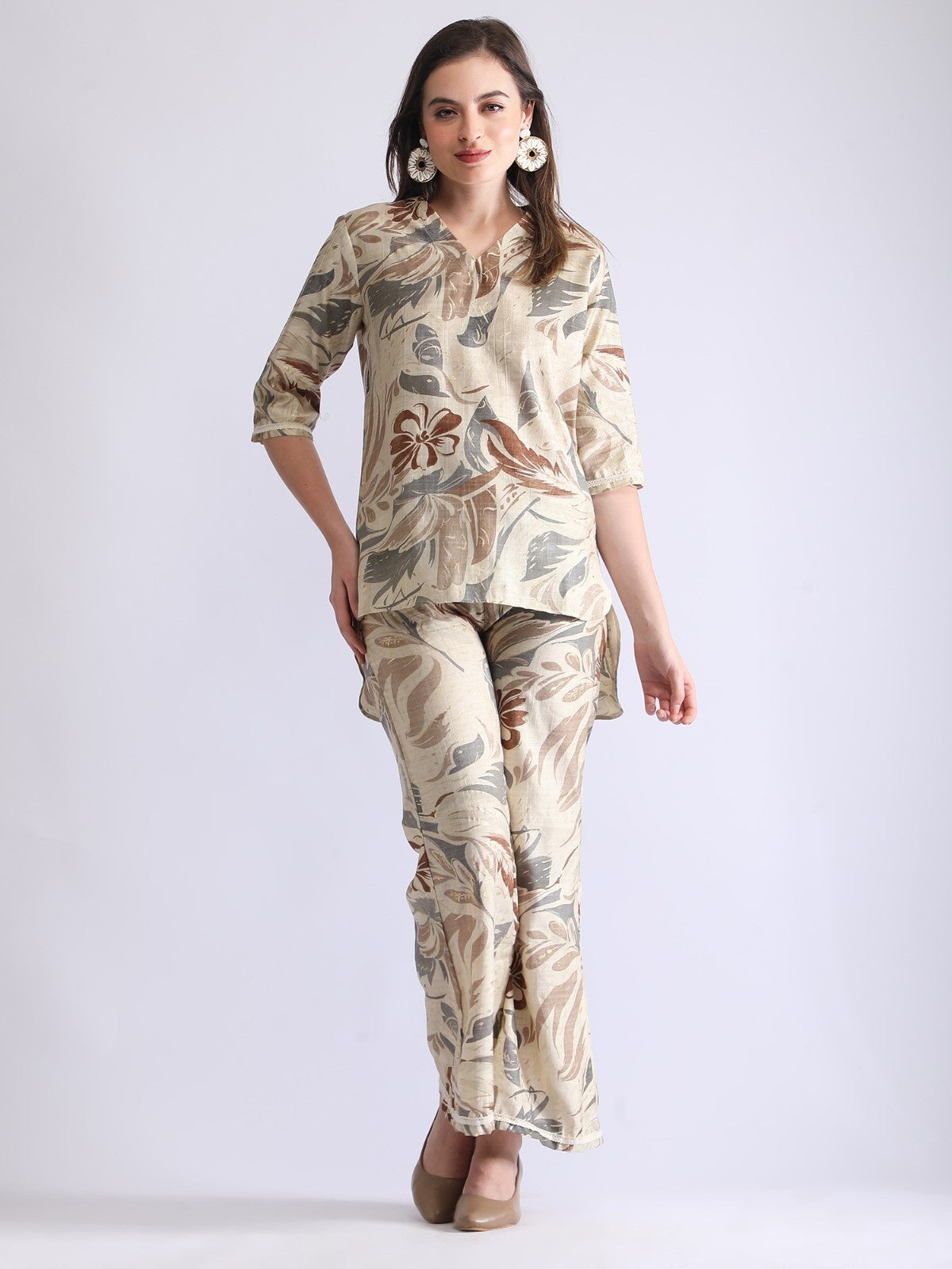 Women’s Premium Abstract Printed Co-ord Set – Black & Brown Relax Fit Top and Pant