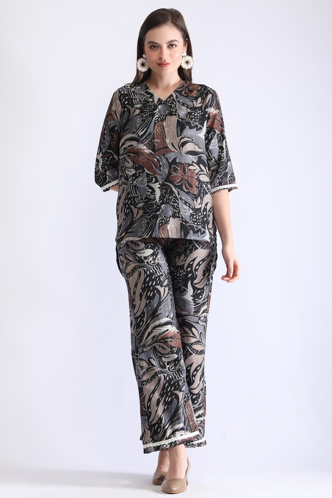 Women’s Premium Abstract Printed Co-ord Set – Black & Brown Relax Fit Top and Pant