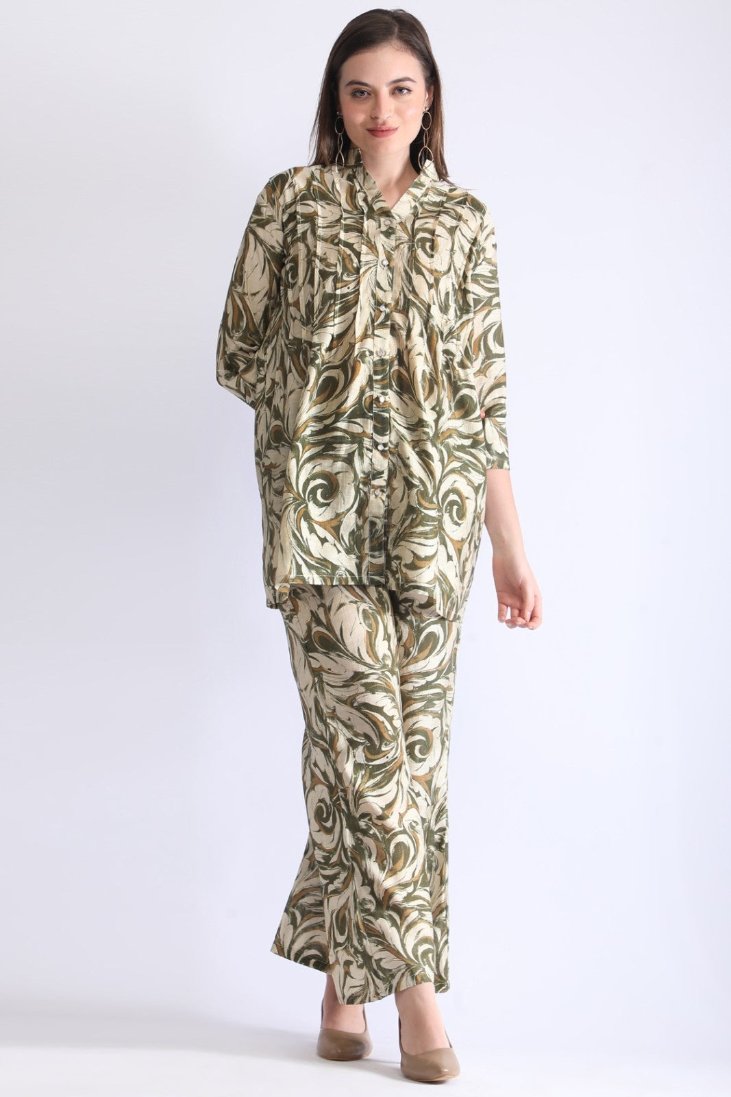 Printed Long Shirt with Wide-Leg Pants for Women